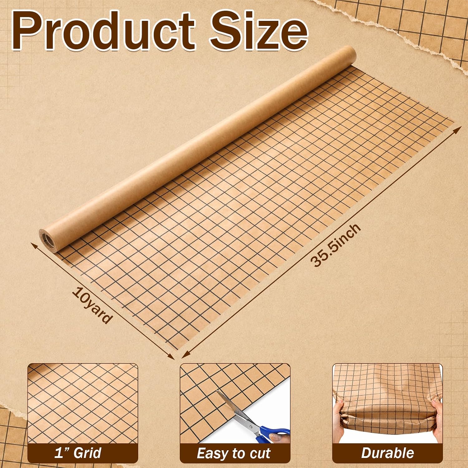 Poola Voidra 36'' x 30 ft Brown Kraft Wrapping Paper Roll with 1'' Grid