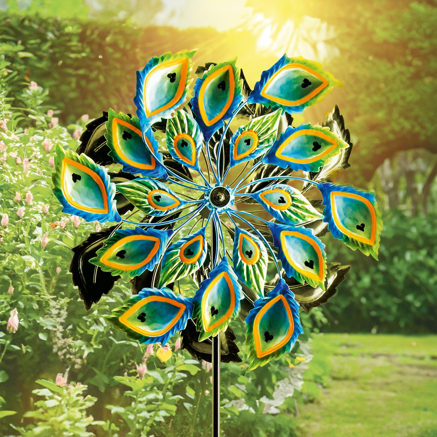 Peacock Feather Wind Spinner – Weather Resistant Double-Sided Hand Painted Colourful Kinetic Wind Sculpture - Outdoor Garden Patio Plant Pot Lawn Pathway Decoration, Measures H90 x W35 x D15cm