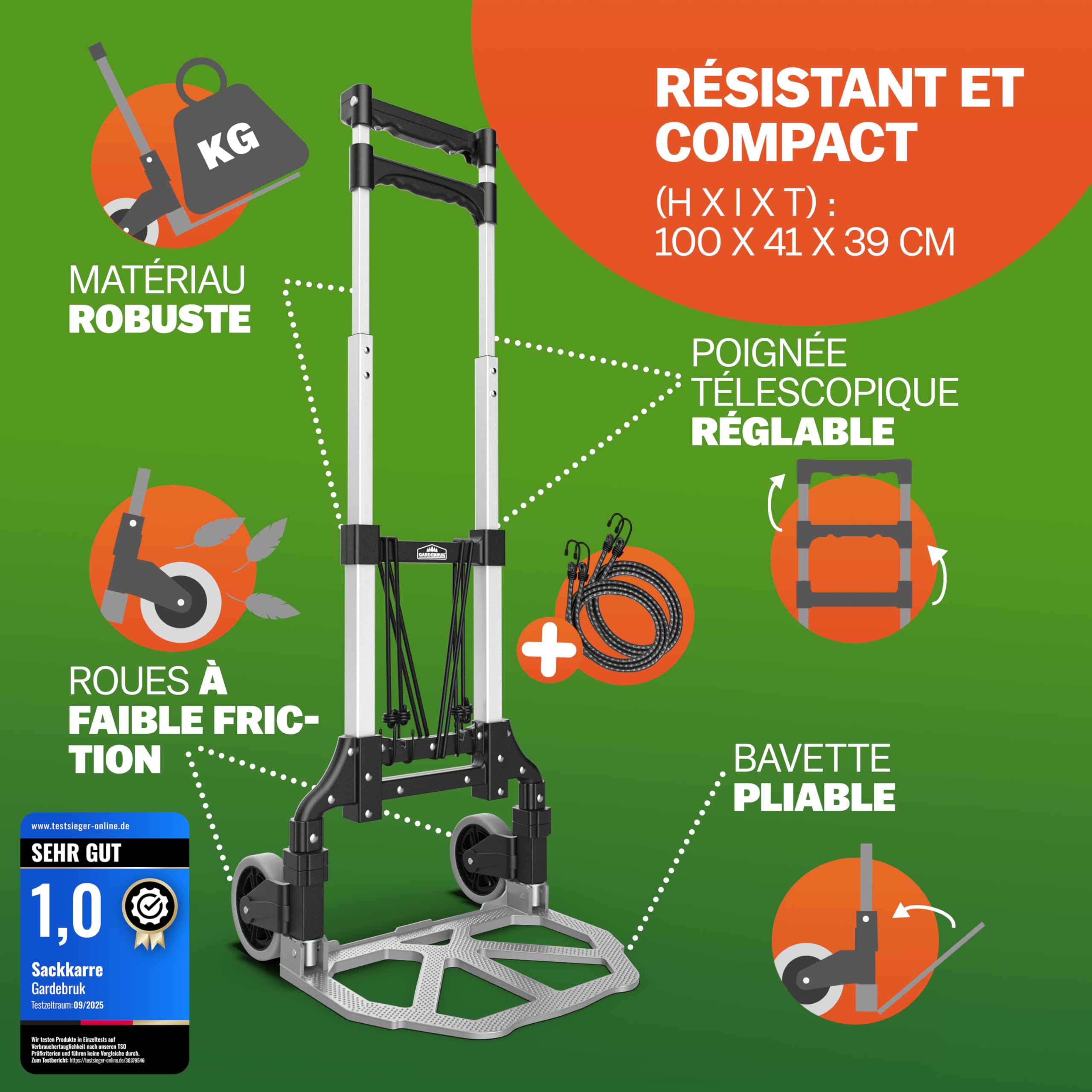 GARDEBRUK® Diable Aluminium Pliable 80kg Roues Pleines increvable Gants 2 tendeurs Chariot de Transport Diable déménagement Chariot Pliant manutention