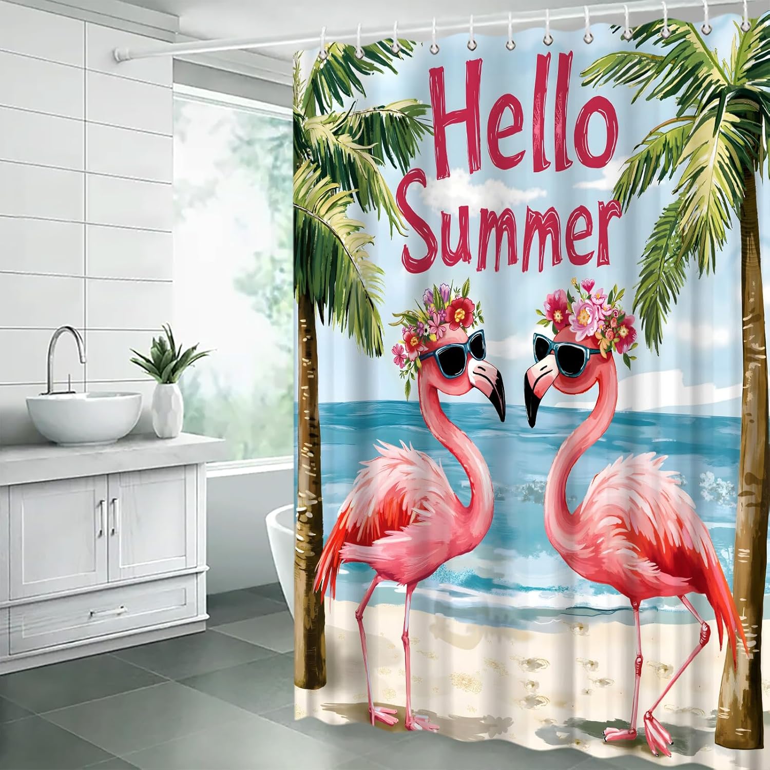 Ocean Beach Extra Long Shower Curtain,Pink Flamingo Tropical Palm Tree Coastal Summer Blue Bathroom Home Curtain Decor with Hooks,70x78 Inch