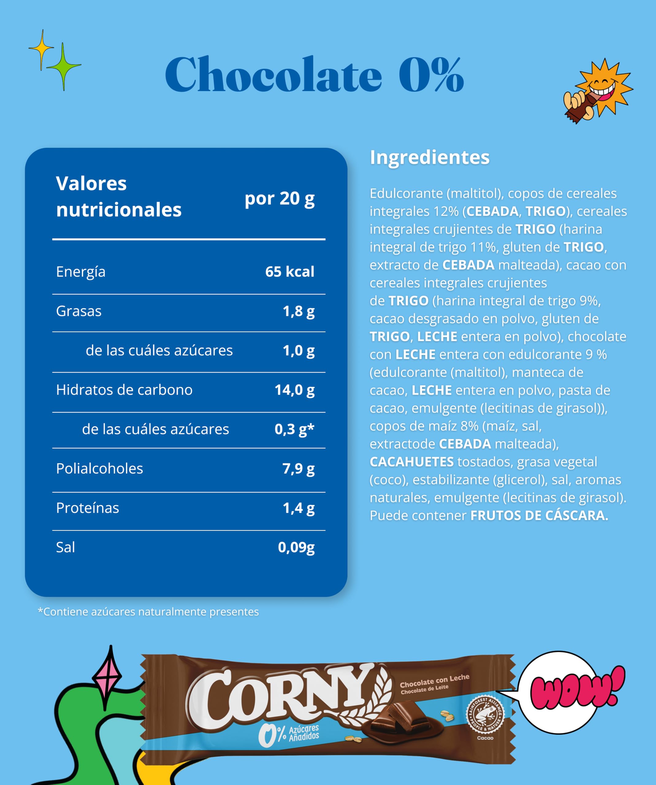 Corny, Pack 24 unidades x 20g, Barrita Sin Azúcares Añadidos Sabor Chocolate 0%, Fuente de Energía y Fibra, Textura Crujiente