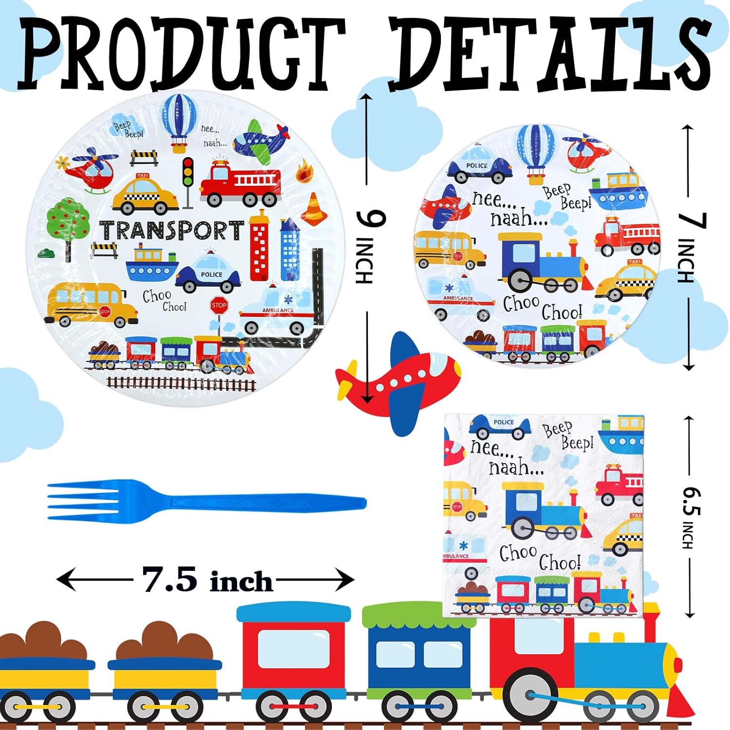Transportation Party Supplies - Theme Birthday Party Tableware Set with Plates, Napkins, and Forks - Image 3