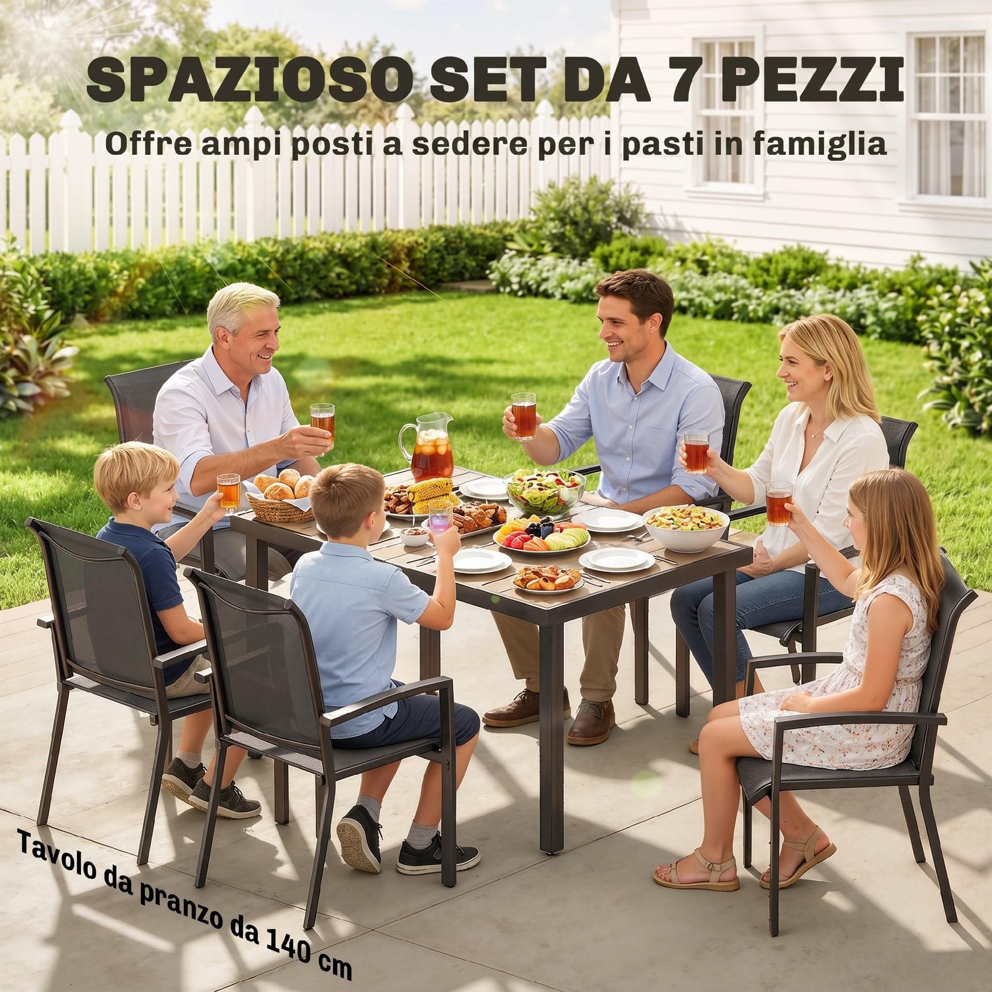 Outsunny Set Tavolo e Sedie da Giardino 7 Pezzi, Mobili da Esterno con Tavolo Rimovibile e 6 Sedie Impilabili in Texteline Grigio