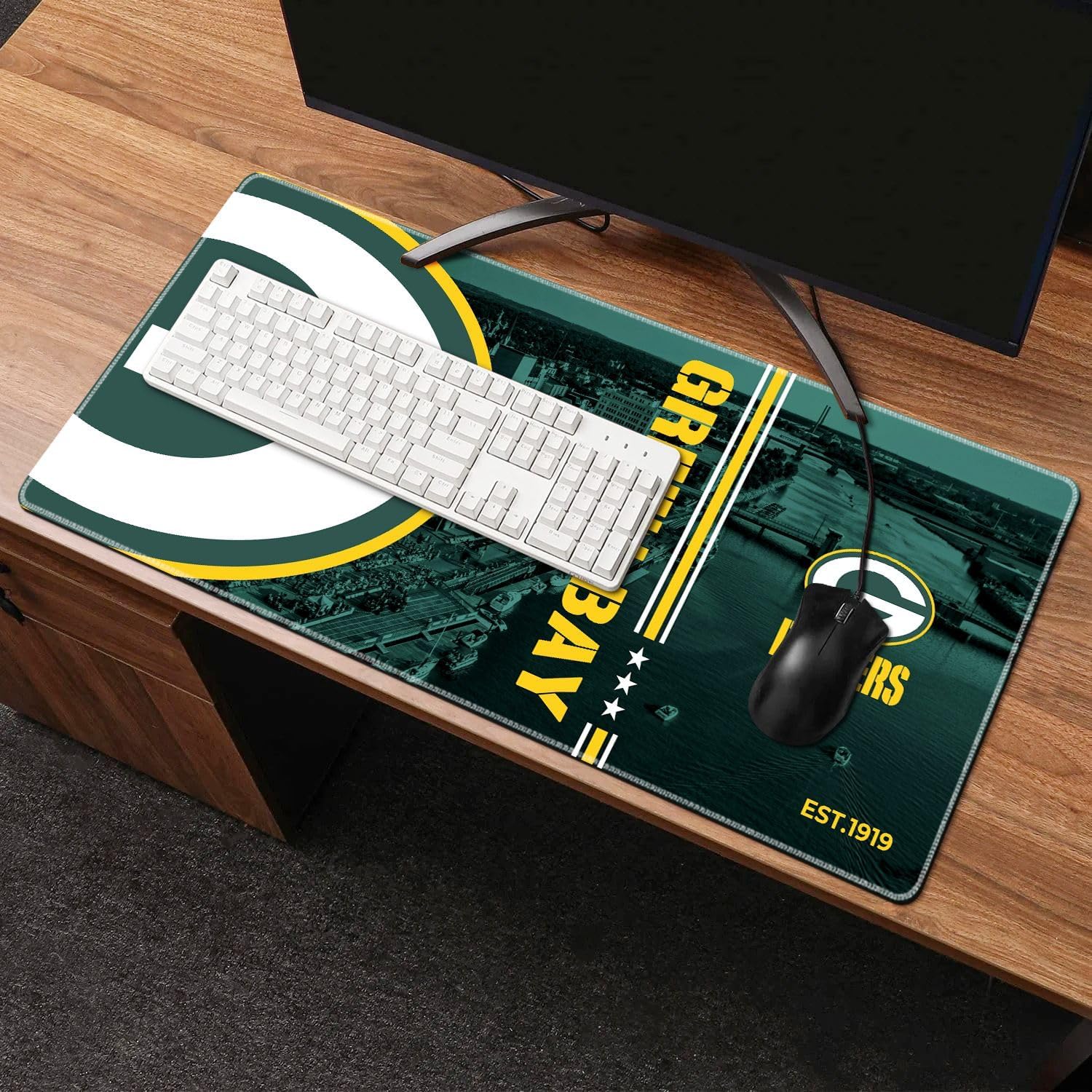 Large Stitched Edges Gaming Mouse Pad,31.5 X 13.8 Inch Mousepad for Laptop Computer Desktop Keyboard,City Design Mat for Football Fans - Green