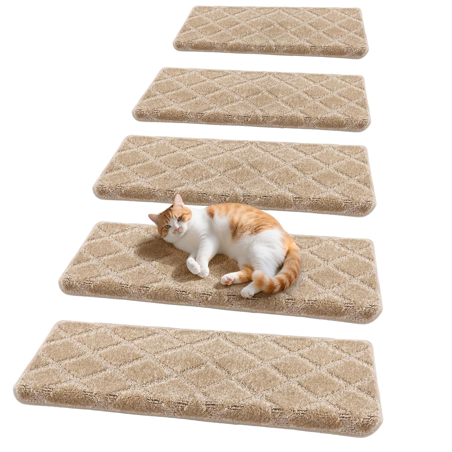 14 Pack Bullnose Carpet Stair Treads for Wooden Steps 9.5" x 30" Tape Free Non-Slip Wooden Steps Protection Washable Reusable Diamond Bullnose Stair Treads(Camel)