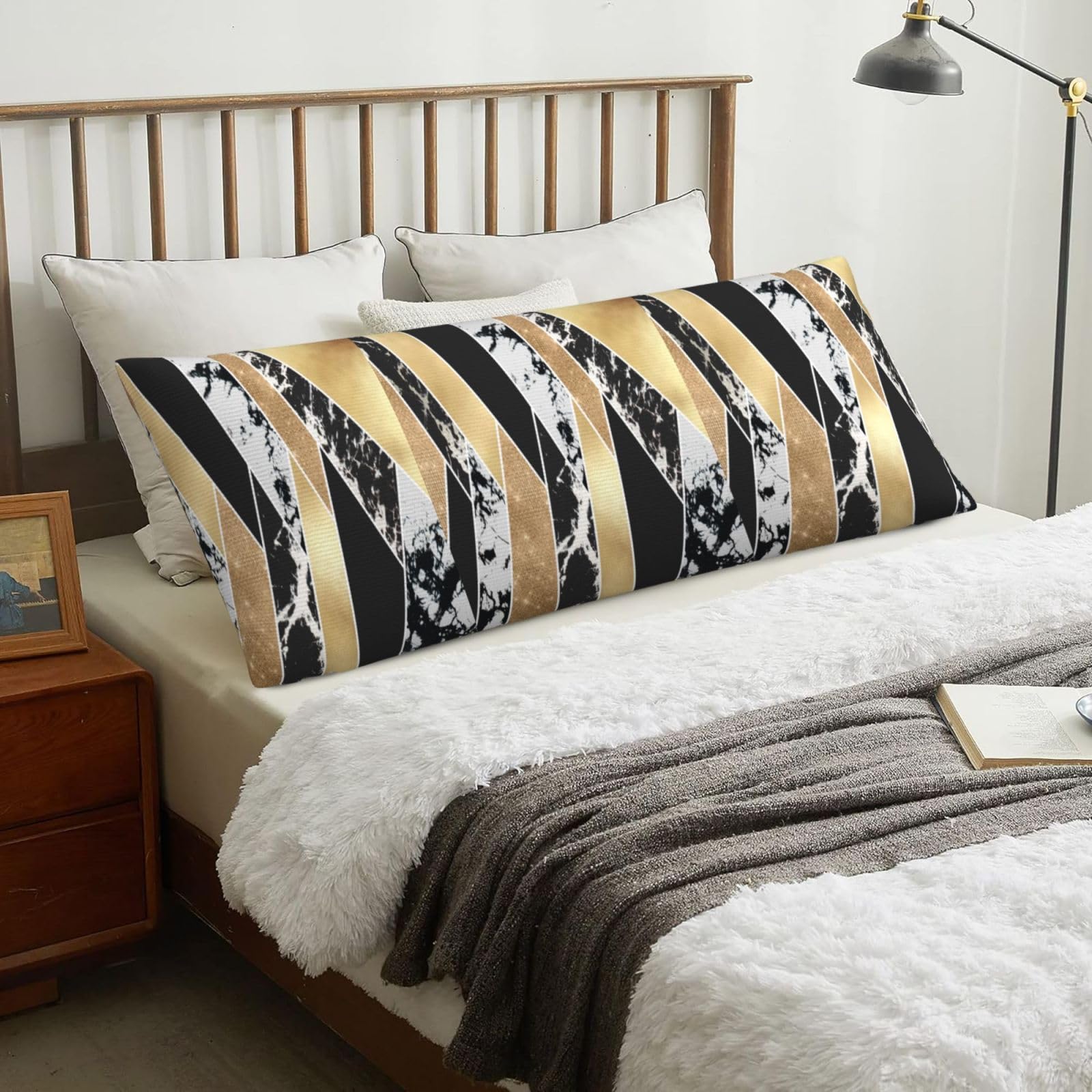 Modern Gold Black White Glitter Marble Geometric Art, Body Pillow Cover with Zipper,Long Body Pillowcase 20 x 60 in