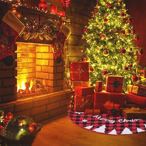 Miniatura 6 de Falda de árbol de Navidad, tapete de árbol de Navidad a cuadros rojos y negros con diseño de copo de nieve para decoraciones de fiesta de Navidad,