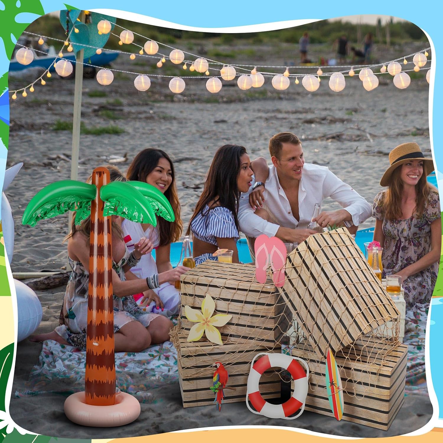 Jellyarch 10 Pcs Inflatable Palm Tree Set Giant Blow up Palm Tree Fake Wooden Boxes Natural Fishing Net Luau Party Decorations Hawaiian Tropical Birthday Party Decorations for Beach Ocean Jungle Decor