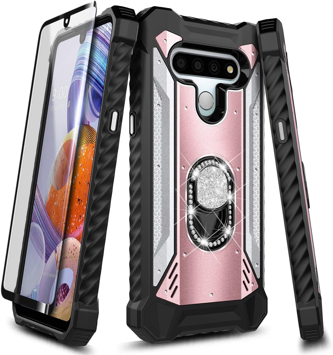 E-Began Case Compatible for LG Stylo 6 with Tempered Glass Screen Protector, Aluminum Magnetic Metal Built-in Diamond Ring Holder, Full-Body Protective Shockproof Military Case (Rose Gold/Silver)