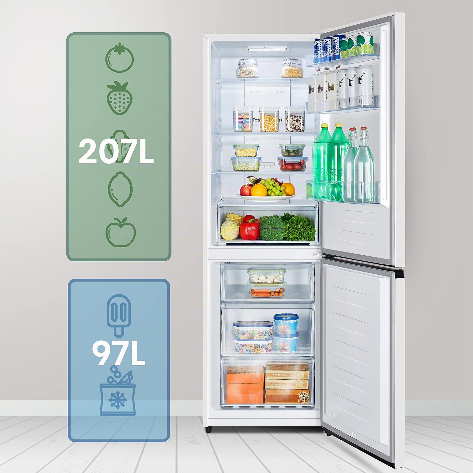 Hisense RB390N4DWD - Frigorífico Combi, Eficiente Clase D, Capacidad 304 L con 186 cm Alto, Cajón Verduras, 4 Estrellas Congelador, Puerta Reversible, Silencioso 39dB, Color Blanco