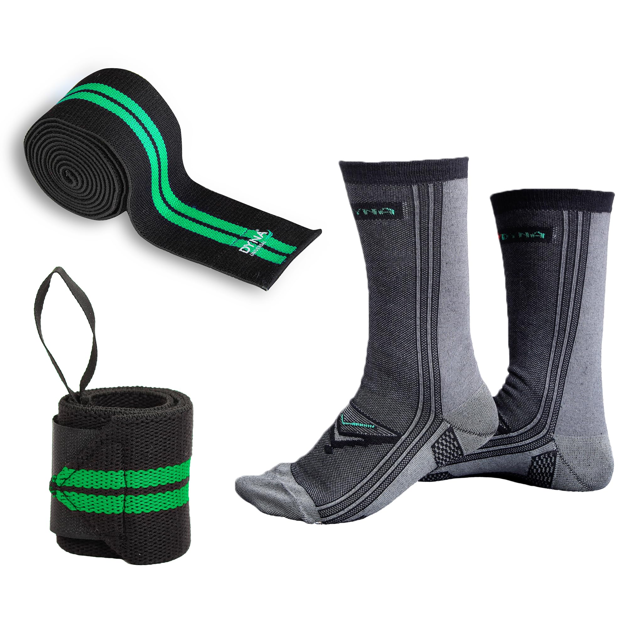 Dyna Gym Combo Set | GREEN | 2 Knee Wraps, 2 Wrist Straps, 1 Pair Gym Silver Socks | For Gym Workout, Fitness Weight Lifting, Cross fit, Squat | Gym Accessories for Men & Women-image-10