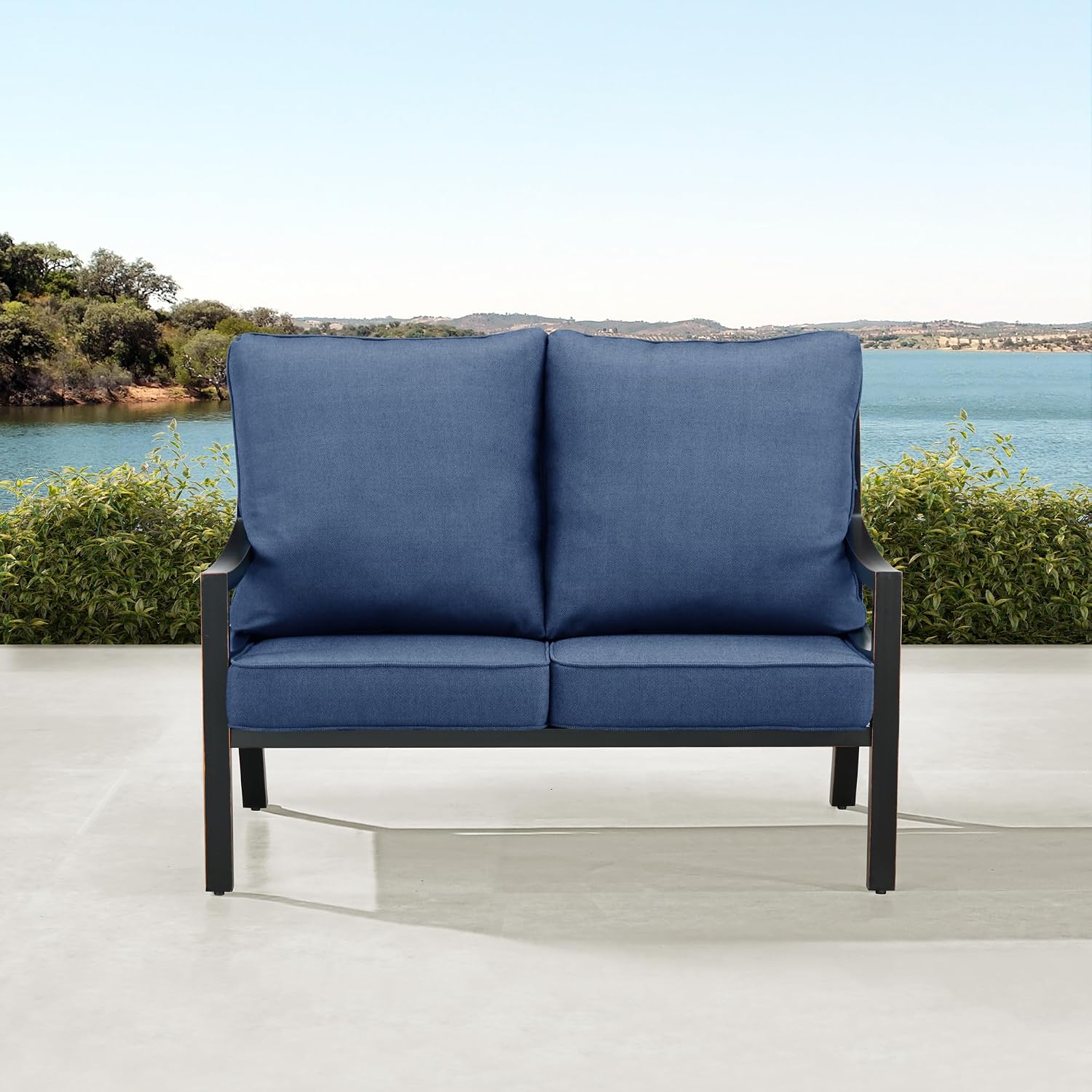 Oakland Living Black Aluminum Patio Deep Seating Outdoor Two Seater Loveseat with Blue Cushions