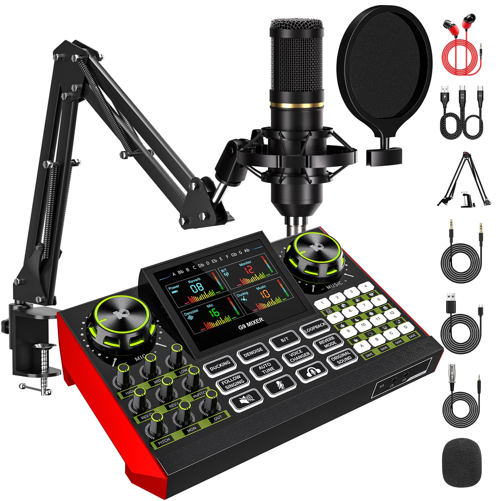 G9 Podcast Equipment Bundle with Condenser Microphone, Audio Mixer, Sound Card &amp; Sound Board | EQ &amp; Reverb, Voice Changer, Denoise for PC/Phone – Live Streaming, Podcasting &amp; Singing,DJ Set