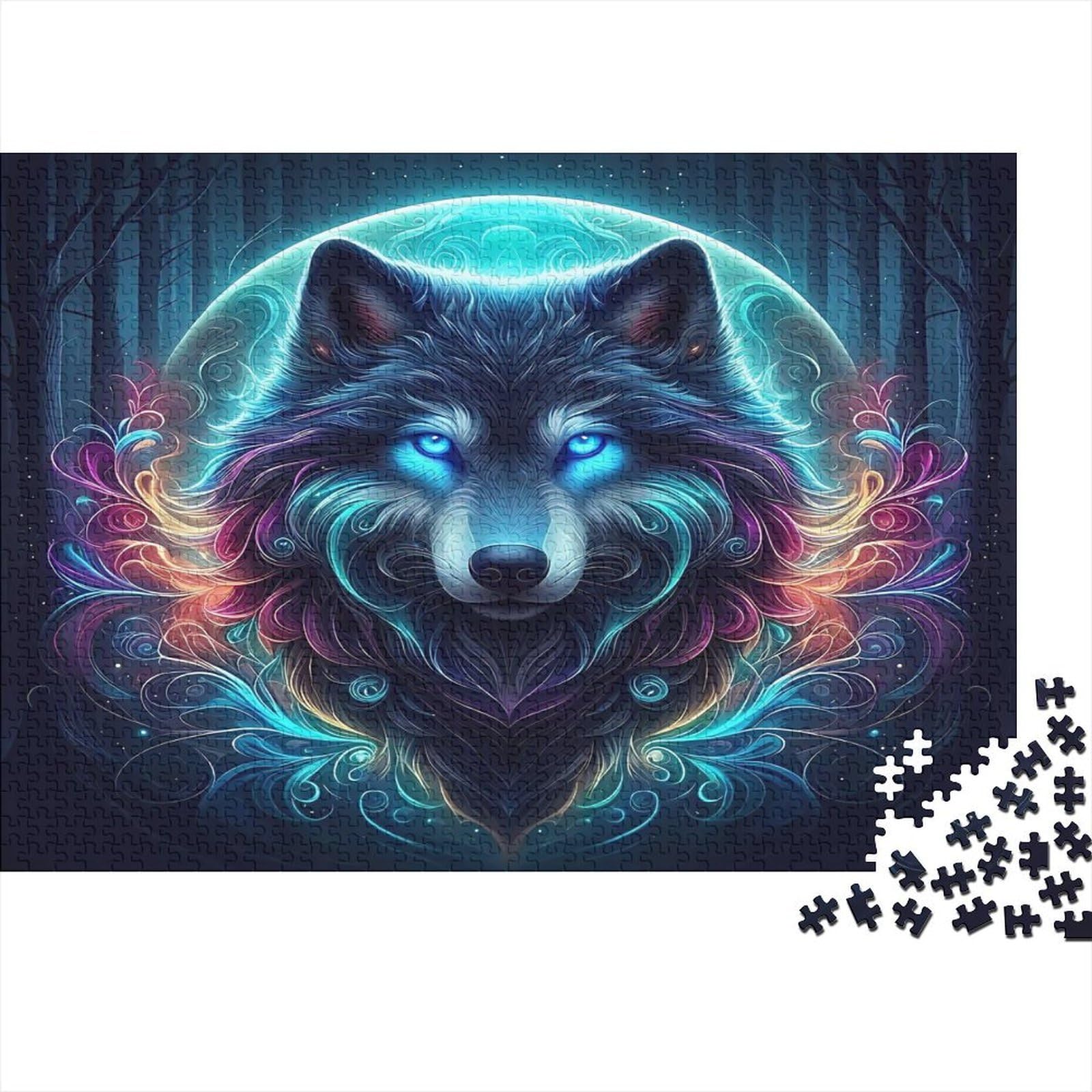 Blue Wolf Puzzle 1000 Piece Jigsaw Puzzle Premium Paper for Adults Neon Fantasy Art Focus Family Relax Home Decor 38x26cm/1000pcs 38x26cm/1000pcs โ image 1