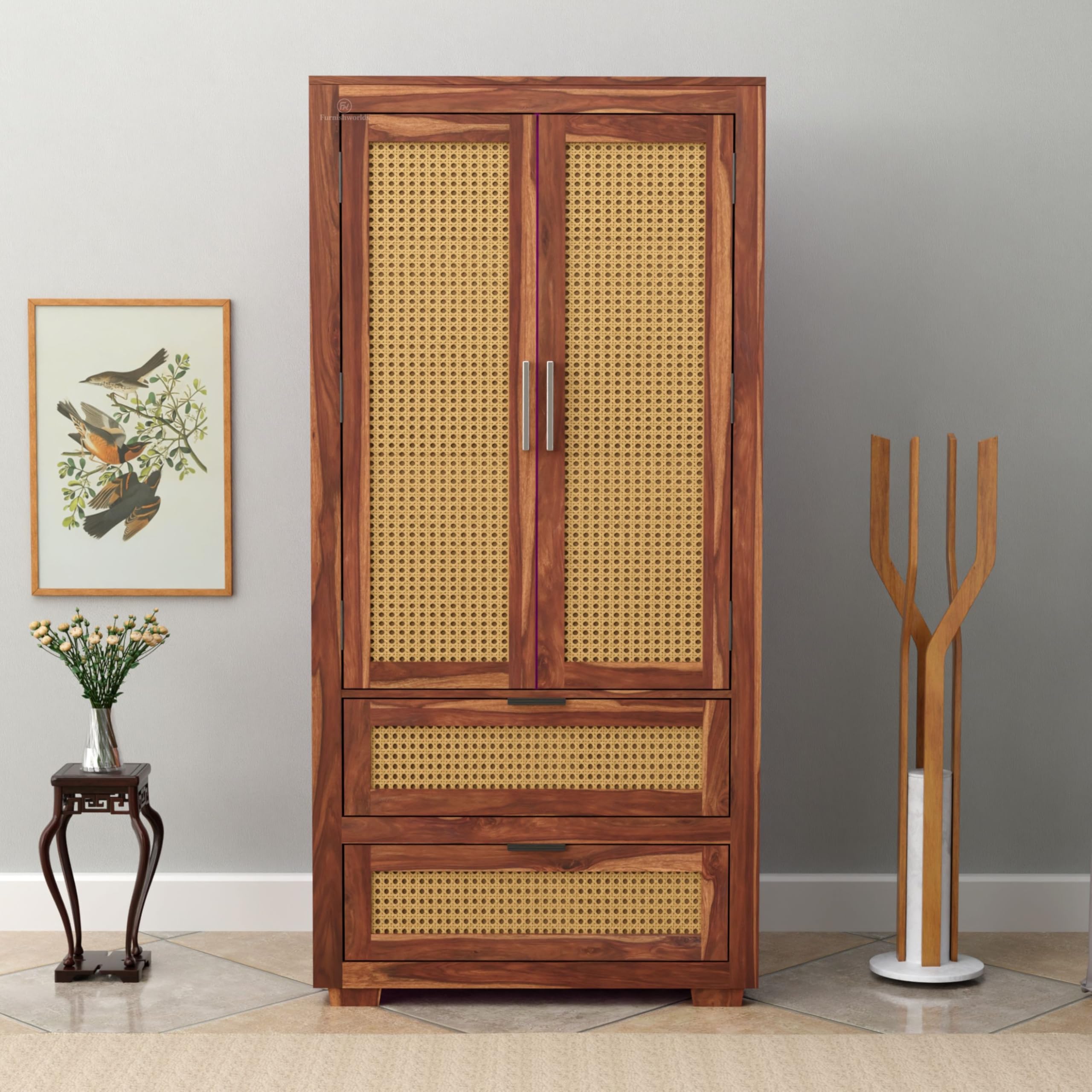 Sheesham Wood Rattan Wardrobe with Mirror, 3 Drawer and 5 Shelves Wooden Almirah for Clothes for Living Room Bedroom Home, Solid Wood Furniture 2-Door Almirah 35x22x75 Inch (Honey)-image-18