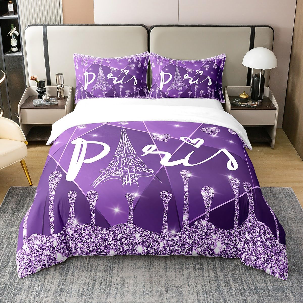 Paris Glitter Diamond Eiffel Tower 100% Cotton Duvet Cover for Boys Girls Children Silver Purple Valentines Gift Bedding 100% Cotton Set Room Decor Double Size Zipper