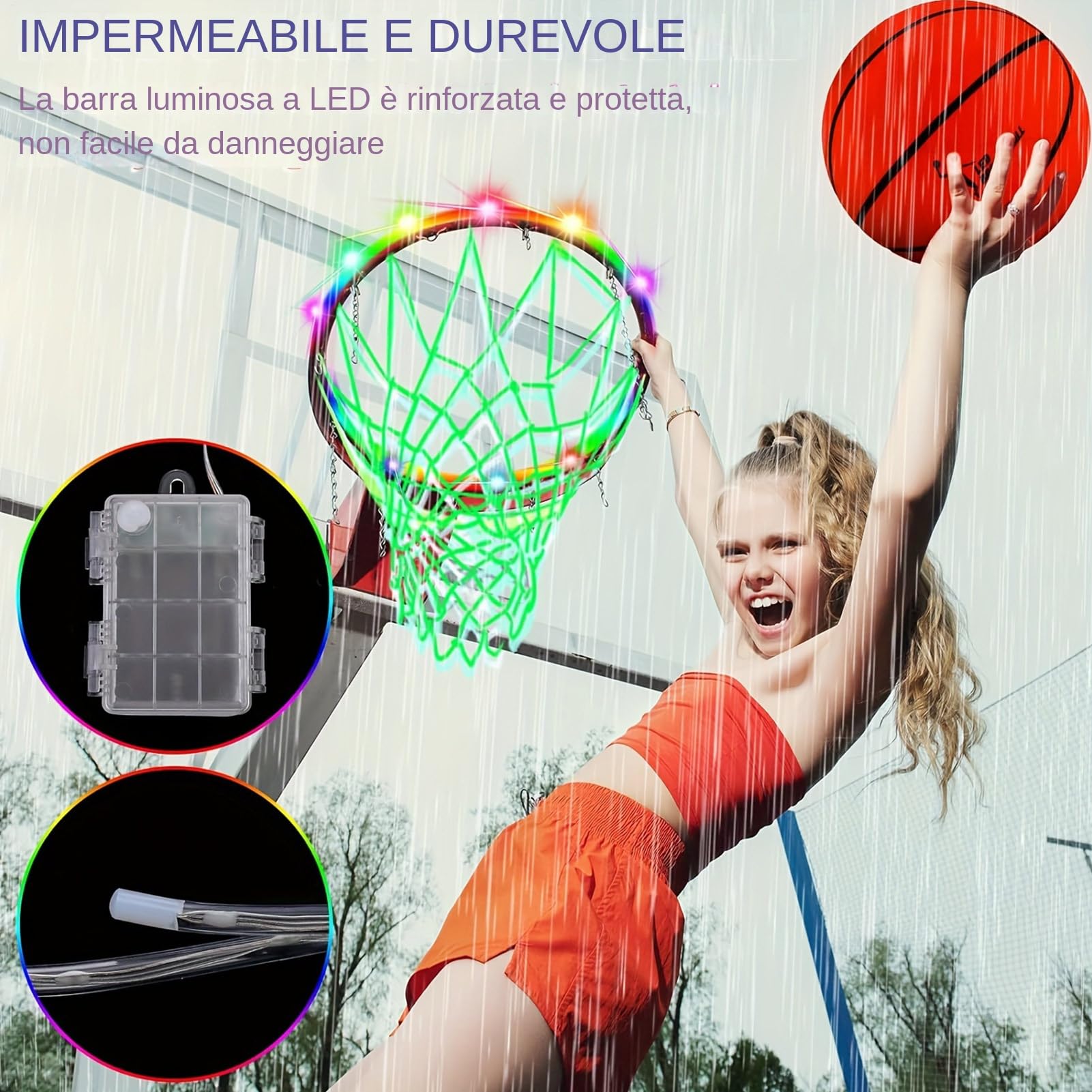 Luz LED para canasta de baloncesto, aro de baloncesto iluminado | 16 luces LED para borde con mando a distancia con cambio de color | Resistente al agua, mando a distancia, ultra brillante, 4 modos