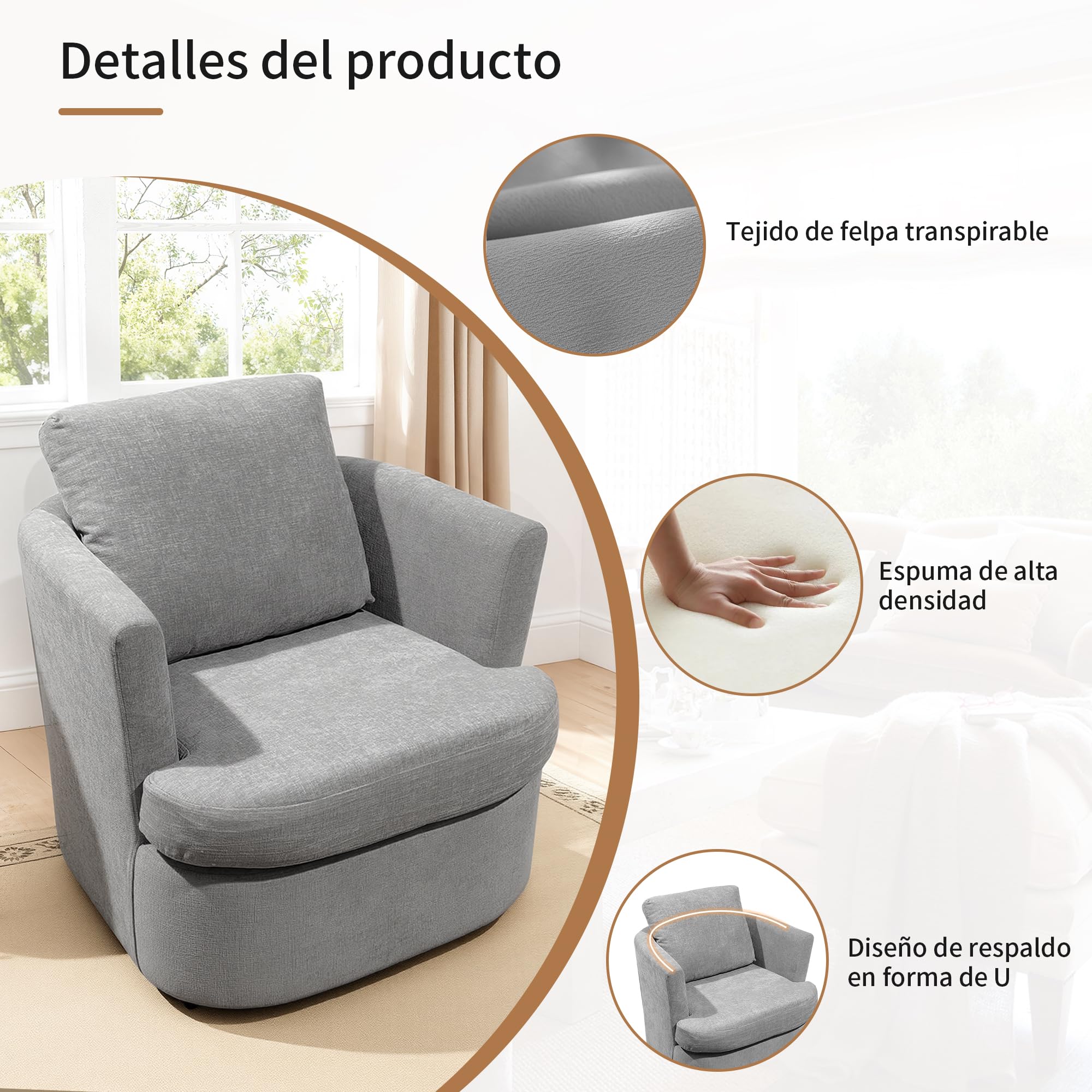 BonVache Sillón Giratorio, Sillón de Felpa, 360° Giratorio, con Respaldo en Forma de U y Asiento Acolchado, Adecuado para Sala de Estar, Dormitorio y Oficina, Gris