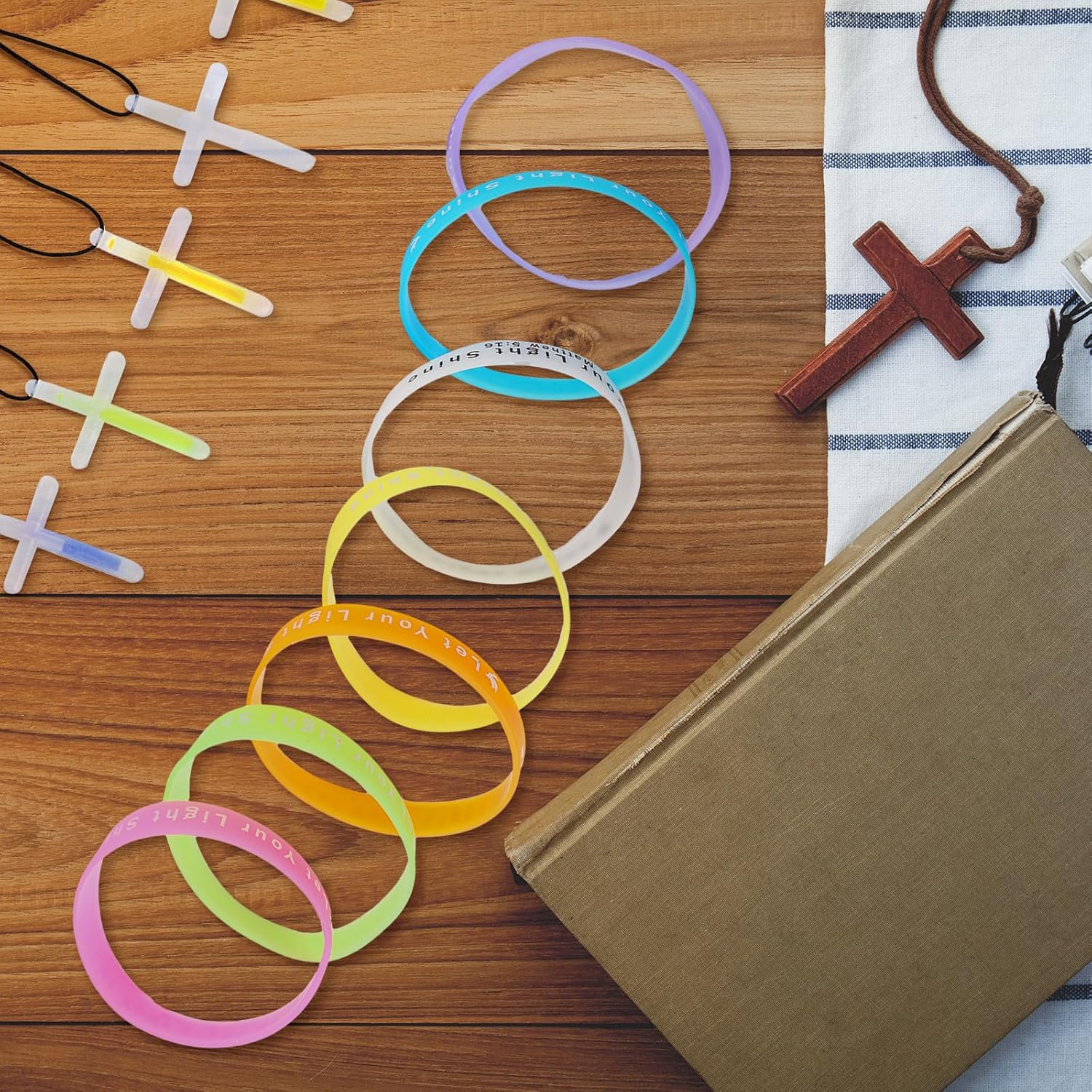 ShinyRelief 200 Pcs Glow in The Dark Christian Party Favors Silicone Bracelets Cross Necklace Bulk Bible Wristbands Luminous Pendant for Religious Gift - Image 2