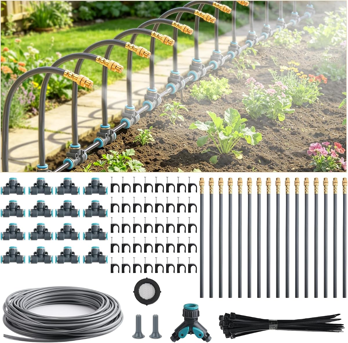 100FT 1/4" Quick-Connect Drip Irrigation System Kit, Automatic Garden Watering System with 16 Pcs Adjustable Spray Nozzles for Garden, Greenhouse, Yard, Lawn