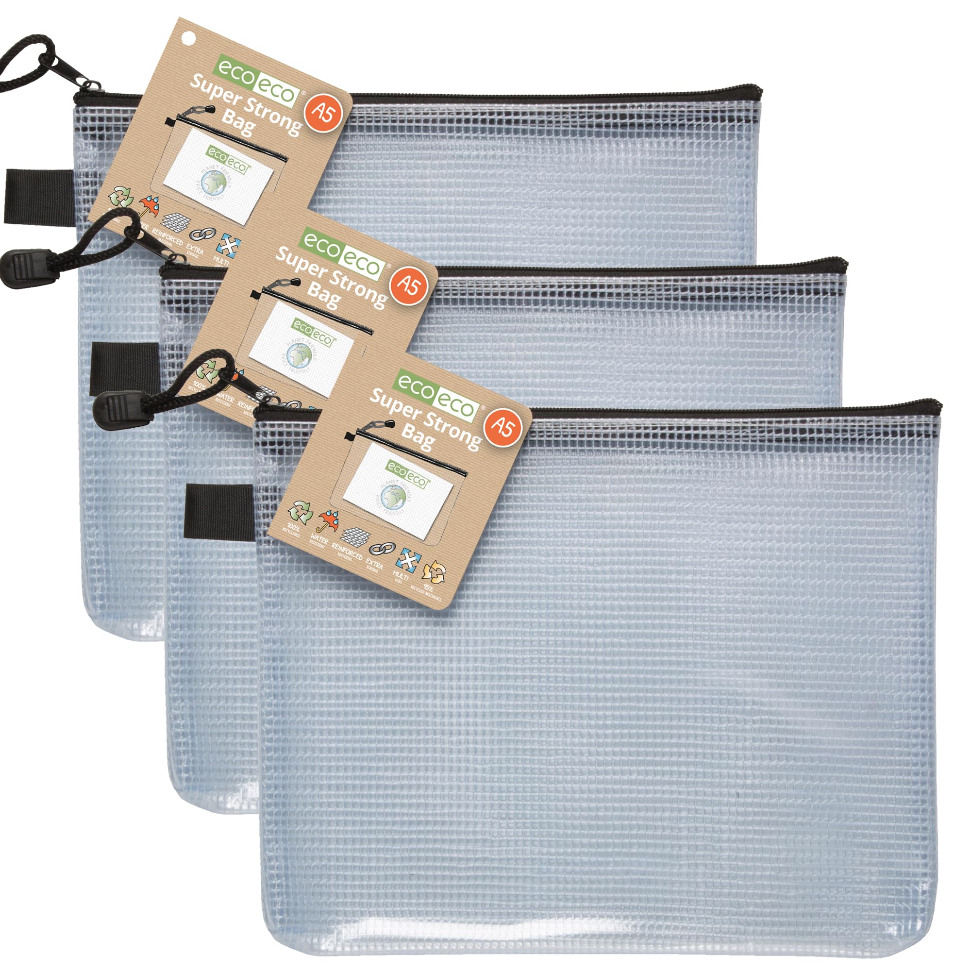eco-eco A5 95% Recycled Super Strong Bag, Waterproof Mesh Tuff Bag, Reinforced, Black Zip Closure, Pack of 3, eco038x3