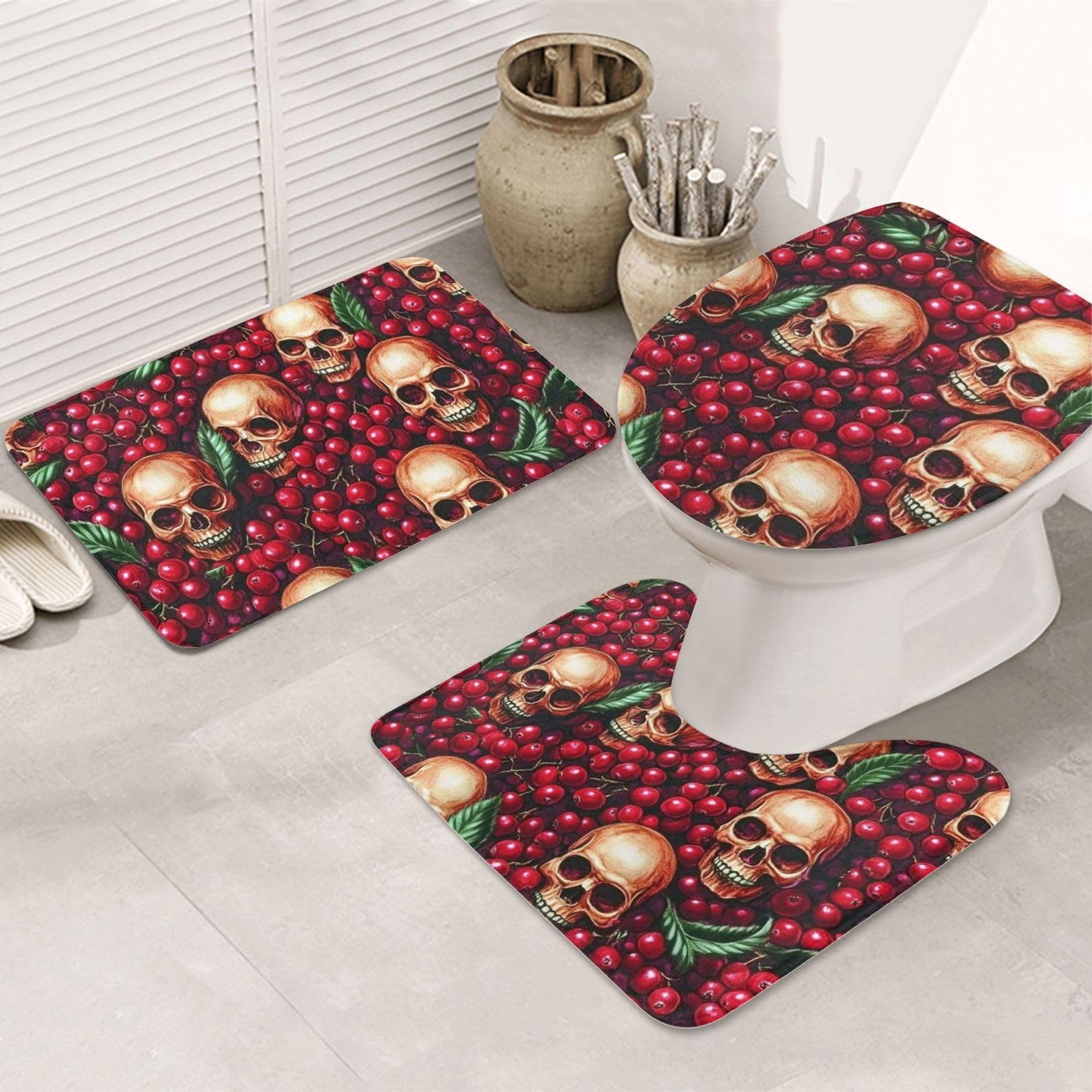 Juego de alfombras de baño góticas para decorar el aseo con cerezas y calaveras oscuras