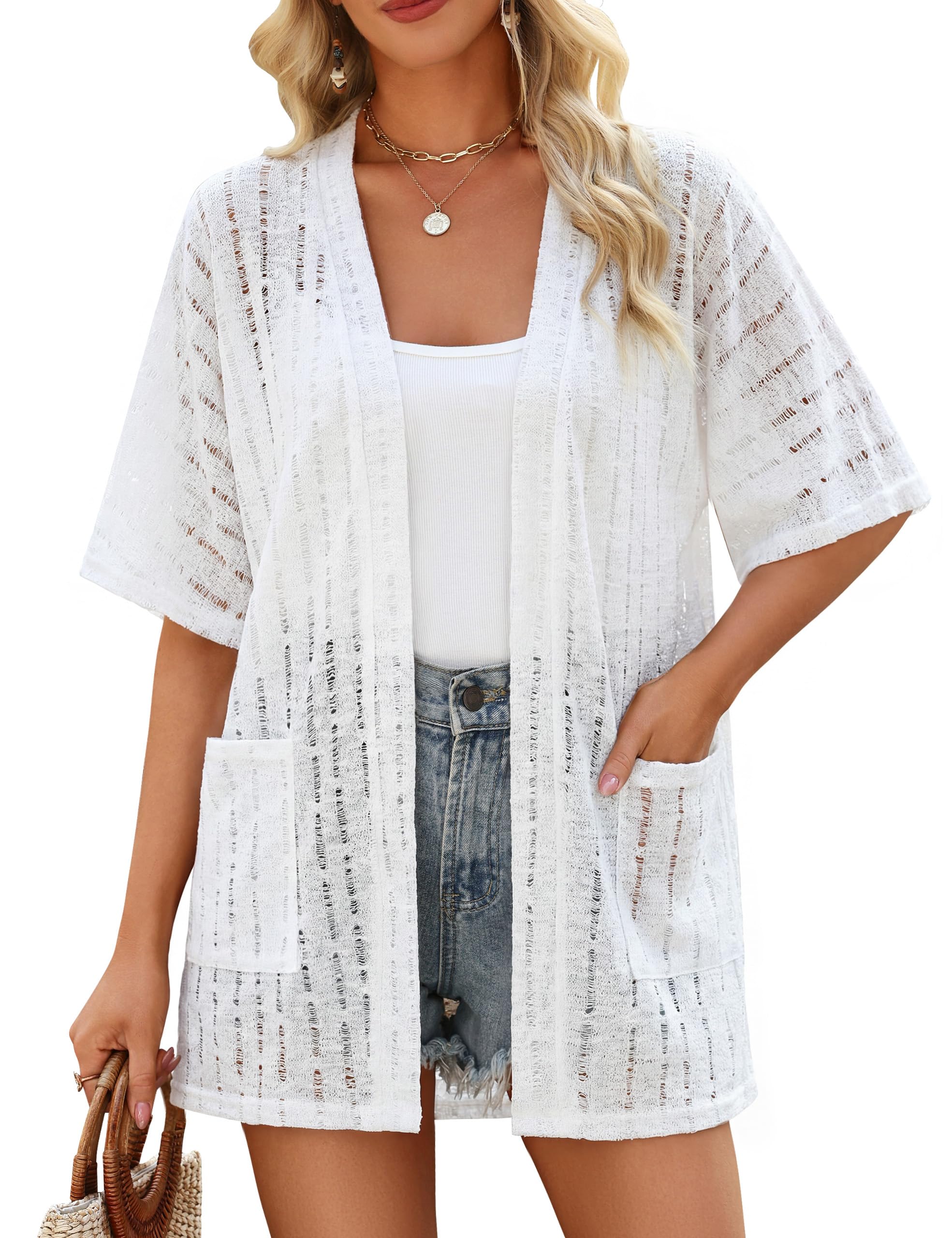 Blooming Jelly Womens Crochet Beach Cover Up Kimono Short Sleeve Swimsuit Coverup Open Front Summer Cardigan with Pockets