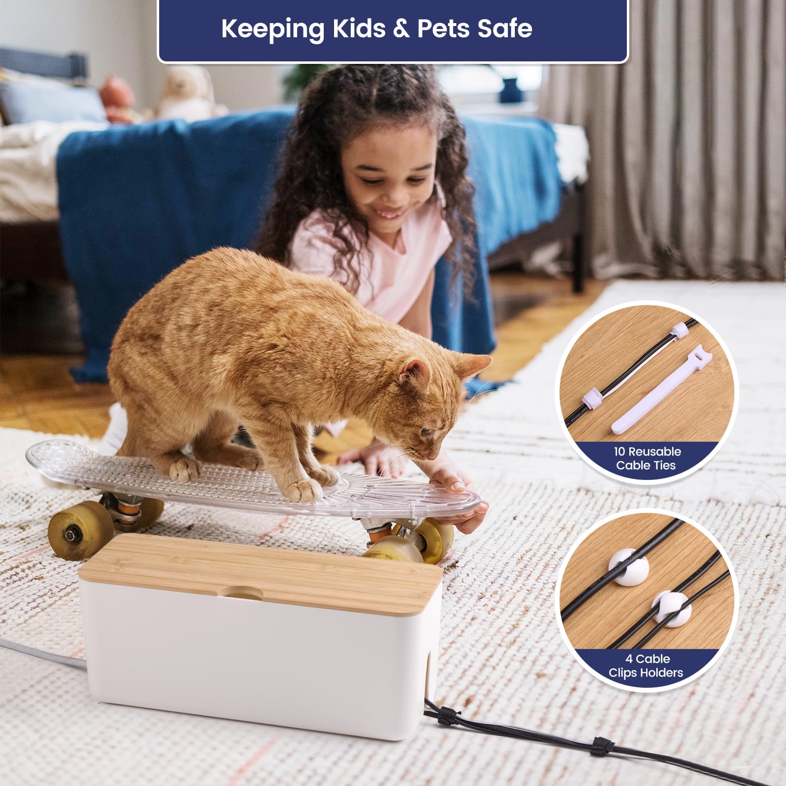 Cable Management Box - Wall Mount Wood Lid Cord Organizer Box for Power Strips, Chargers, TV Computer Wire, Surge Protector Cord Hider Box: Cable Organizer Box for Home & Office - White