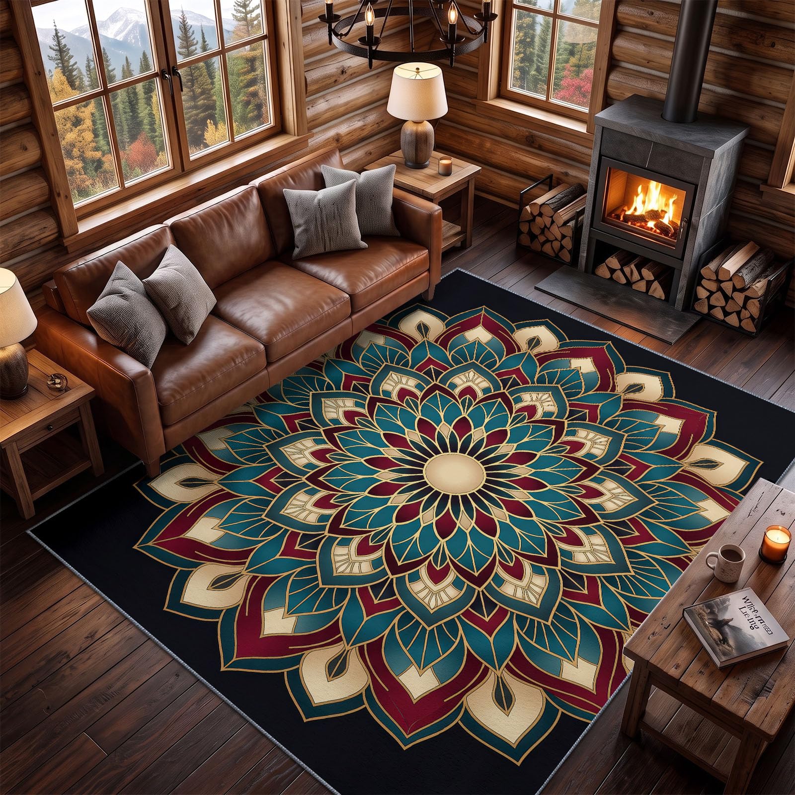 Générique Bohème Tapis de Salon Lavable en Machine 90 x 120 cm, Tapise antidérapant, Tapis de Chambre Style Luxe Fleurs Mandala pour Le Salon, l'entrée, la Chambre et la Cuisine, Noir