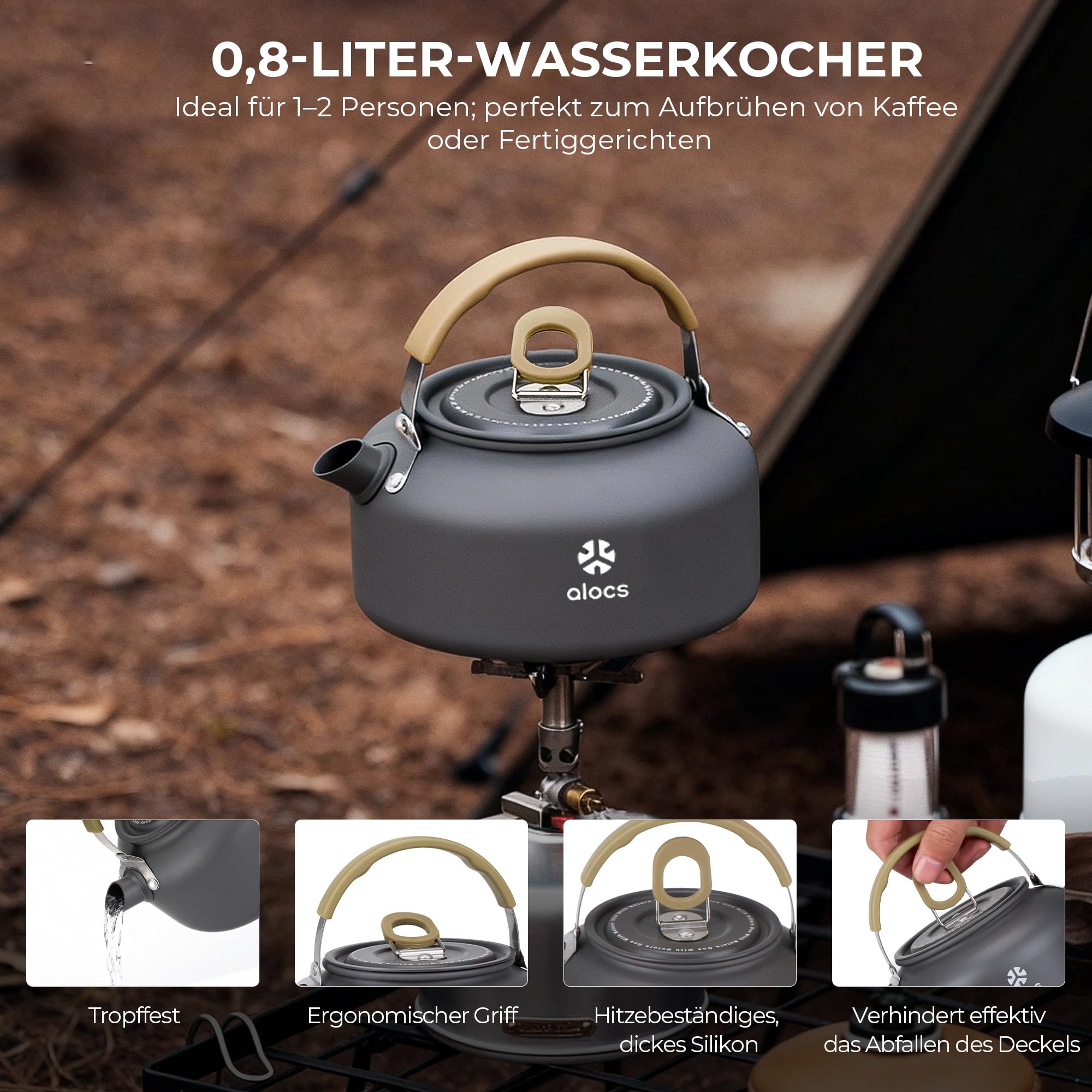 Alocs Camping Kochgeschirr, tragbares Antihaft-Campingpfannen-Set mit verbessertem Griff, ideal für Outdoor-Küche, Picknick, Wandern und Angeln