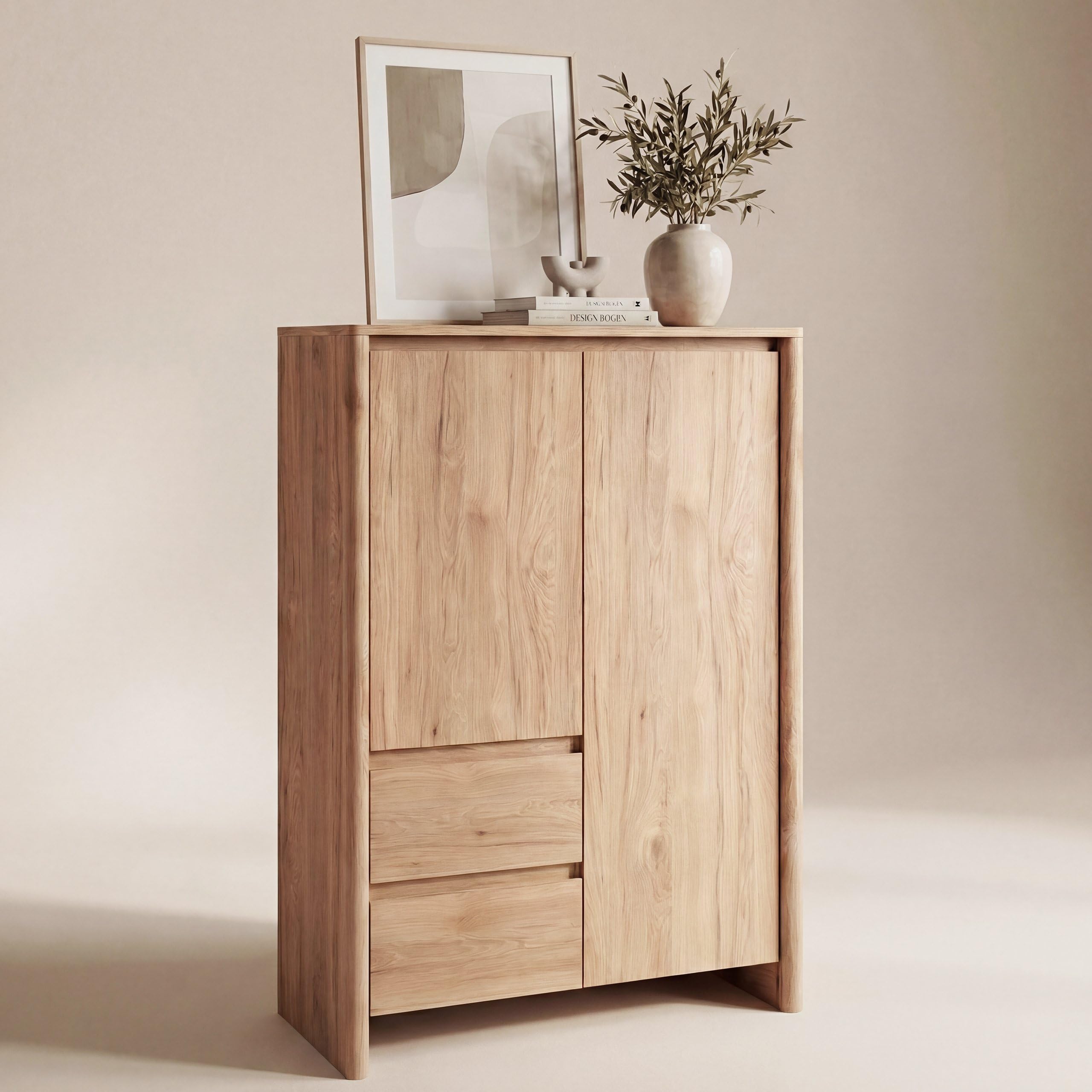Newroom Highboard Wohnzimmer Wildeiche braun grifflos Hochschrank | Push-to-Open, 2 Türen 2 Schubladen, 7 Fächer mit Einlegeböden, Sideboard Kommode, Wohnzimmermöbel, Japandi Stauraum