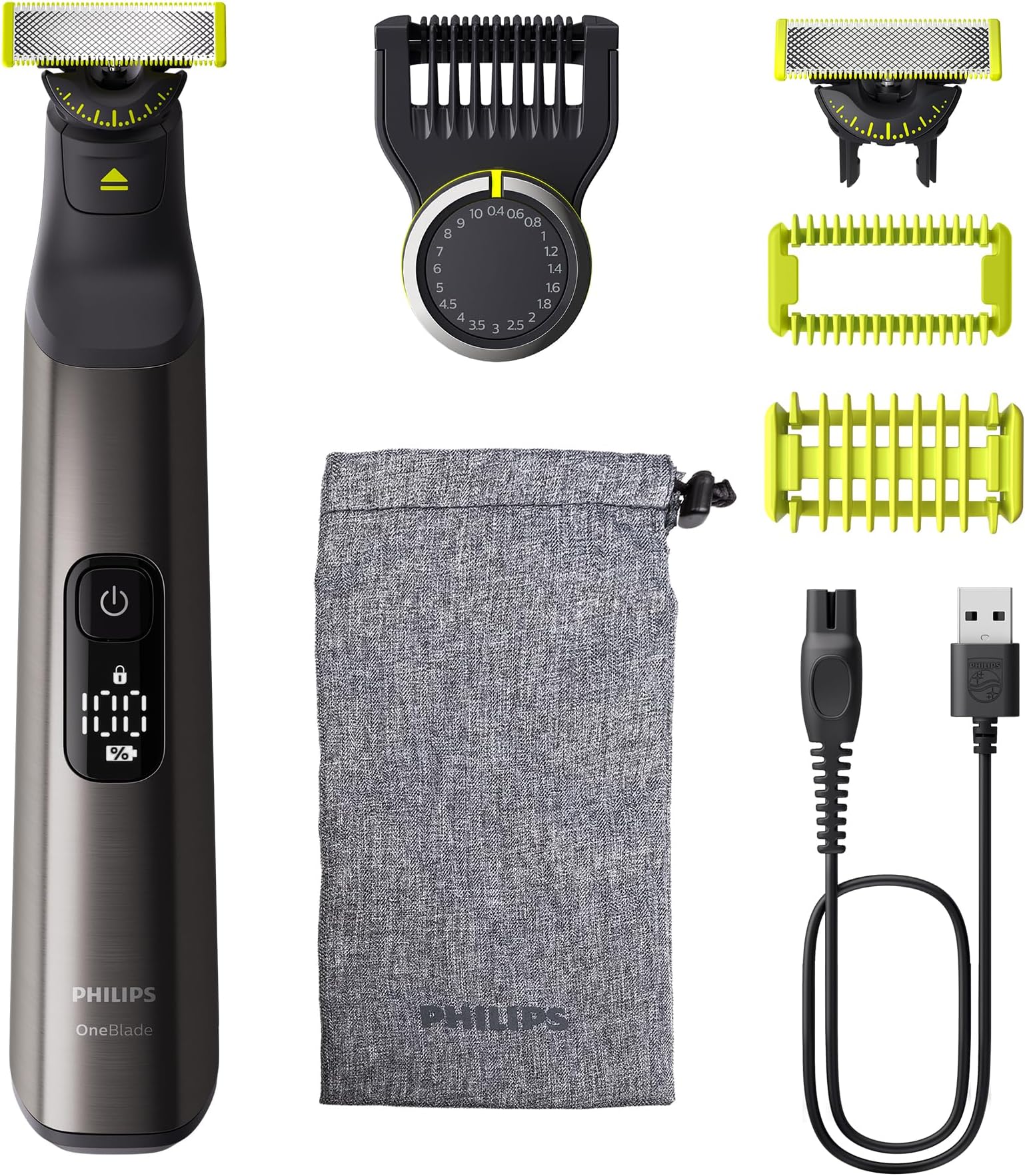 Philips OneBlade Pro 360 Authentic Face & Body Electric Beard Trimmer, Shaver and Bodygroomer, 2X 360 Blades, 1x 20-Length Comb, 1x Body Kit, 1x Soft Pouch, QP6552/30
