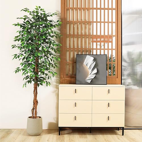 Miniatura 7 de SOGUYI Árbol de ficus artificial de 7 pies con tronco de madera natural, árbol de ficus falso de seda en maceta de plástico para guardería, planta