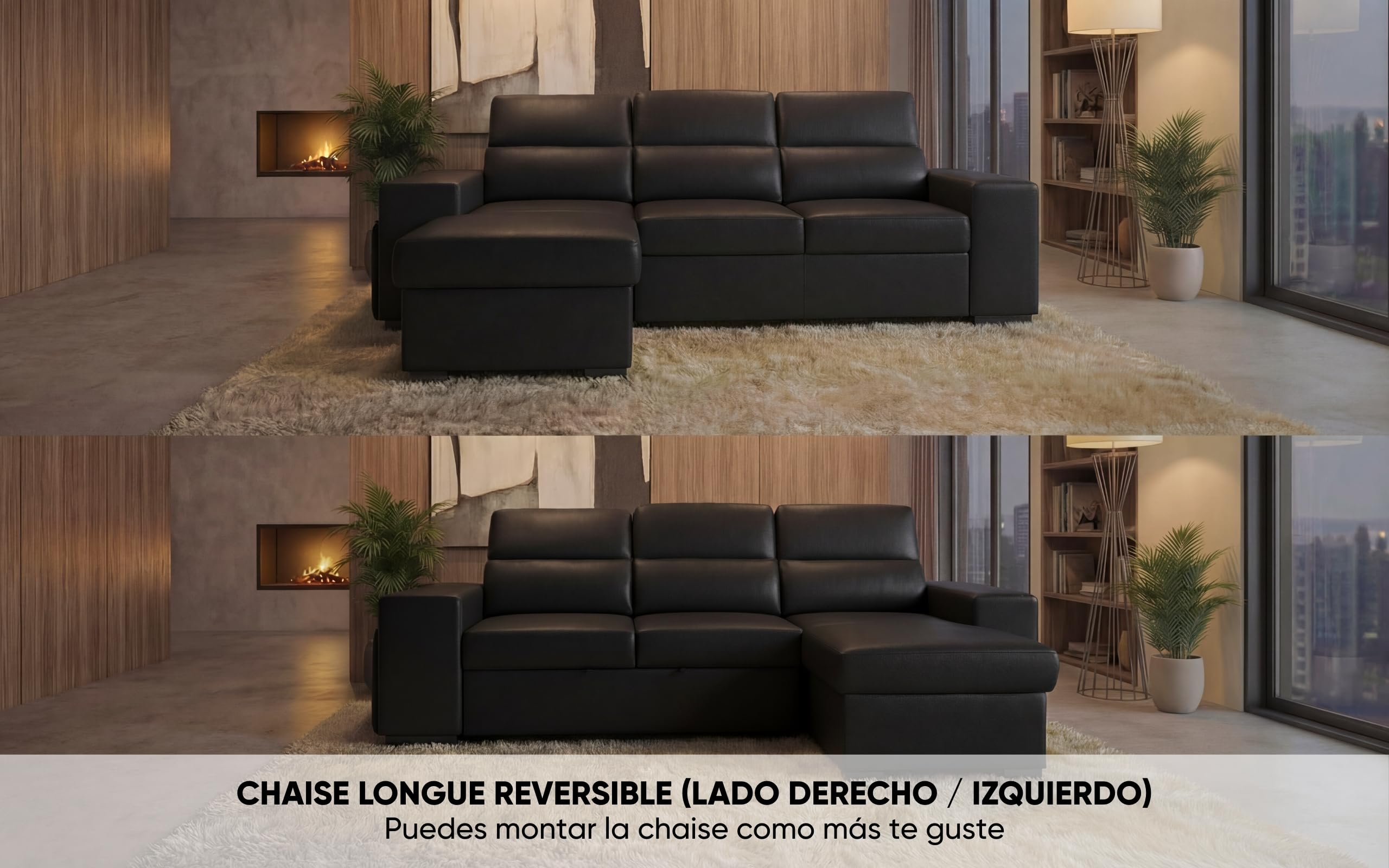 BUDWING John Sofá Cama Esquinero 4 Plazas - Chaise Longue Reversible, Reposacabezas Ajustable y 2 Pufs – Tapizado en Poliuretano – Estilo Moderno – 263x161x96 cm – Negro