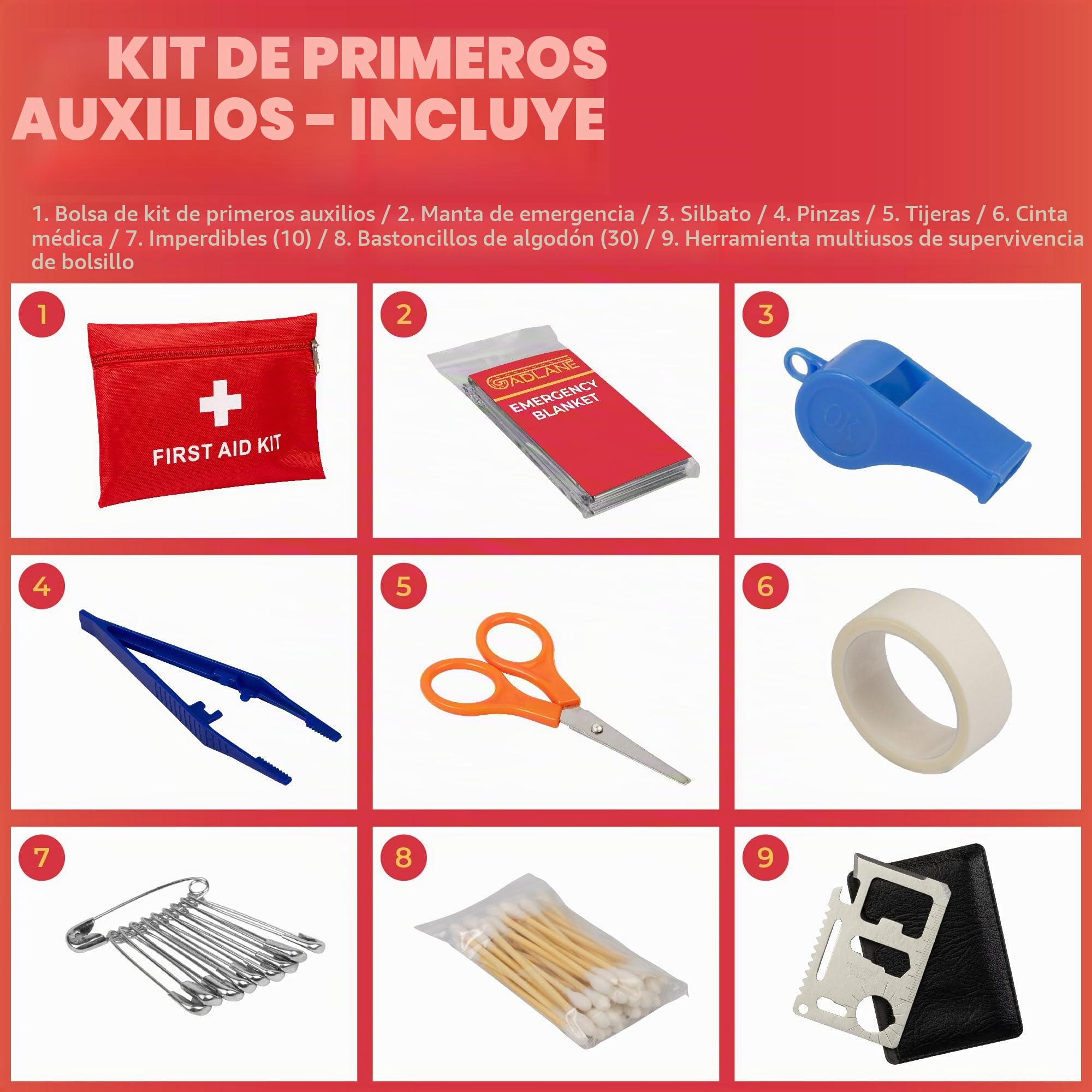 GADLANE Kit de emergencia para avería de coche - Gran kit de emergencia en carretera con triángulo de advertencia, cables de puente, cuerda de remolque, botiquín de primeros auxilios, martillo de