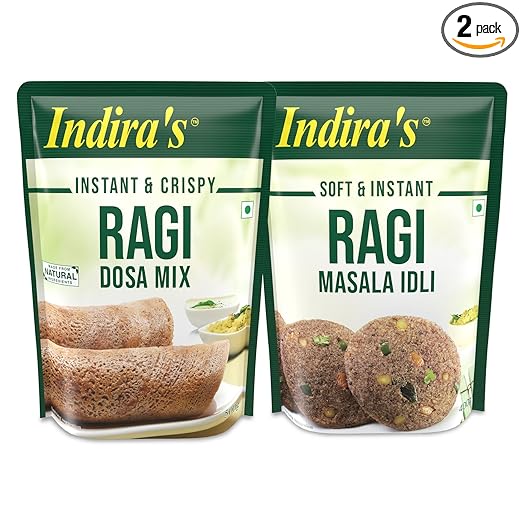 Indira's Ragi Dosa & Idli Mix Combo - Ragi Instant Dosa Mix (500g, Pack of 1) and Ragi Masala Instant Idli Mix (400g,Pack of 1)
