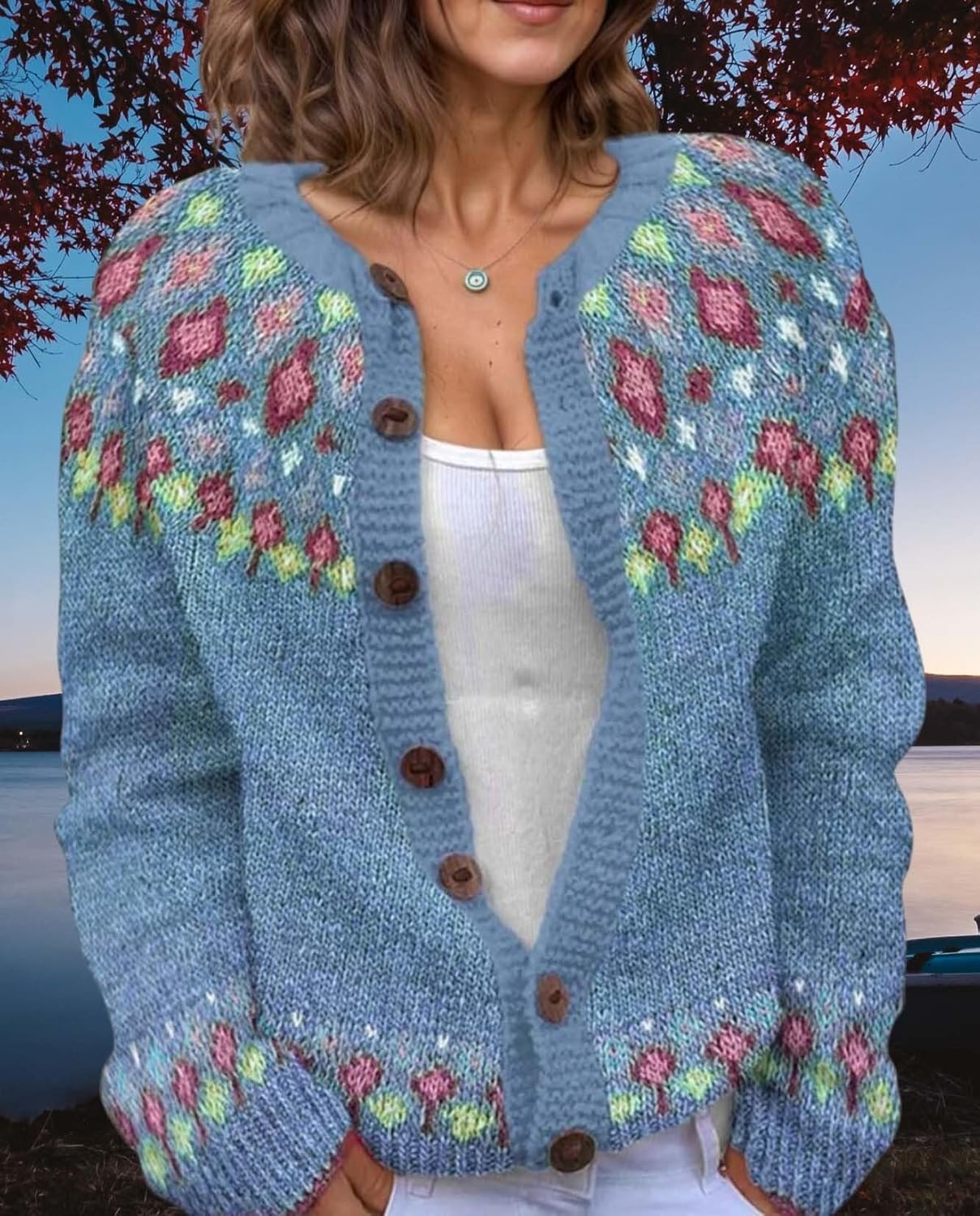 Women's Fair Isle Pattern Knit Cardigan Sweater Vintage Button Down Open Front Jacket Coat for Fall & Winter 2025 - Image 6