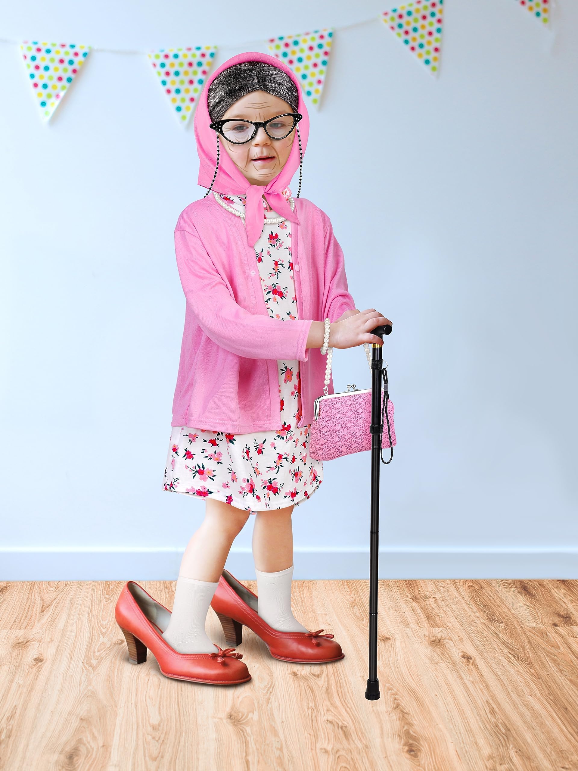 Old Lady Wig Hat Costume WITH Non-prescription Glasses And Chain Old Lady Wig Granny Wig Grandma Costume 100th Day Of School - Foto 3