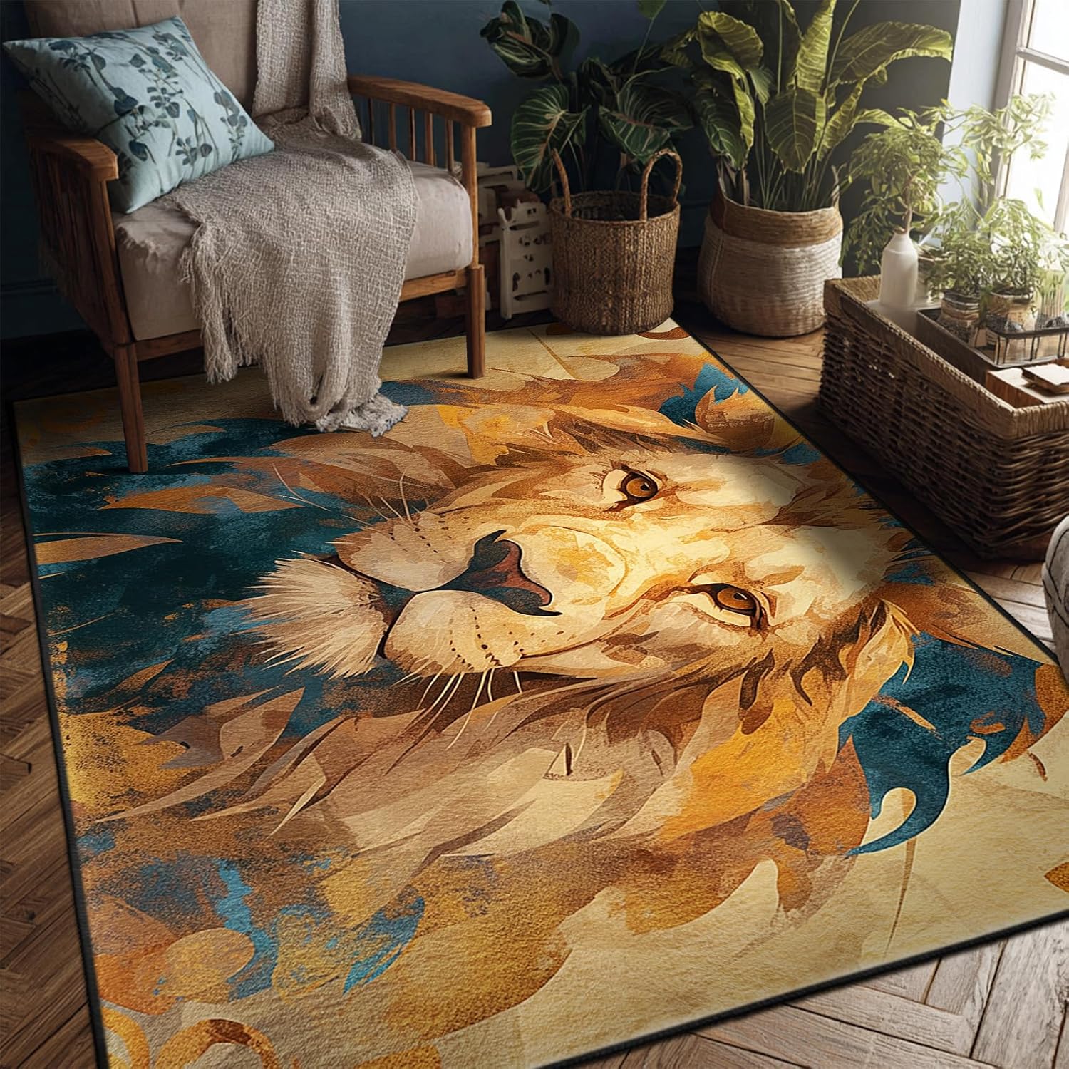 Art 3D Lion Area Rug 7x5ft Rectangle Non-Slip Brown Faux Wool Carpet for Home Decoration, Washable Soft Durable Rugs for Living Room Bedroom