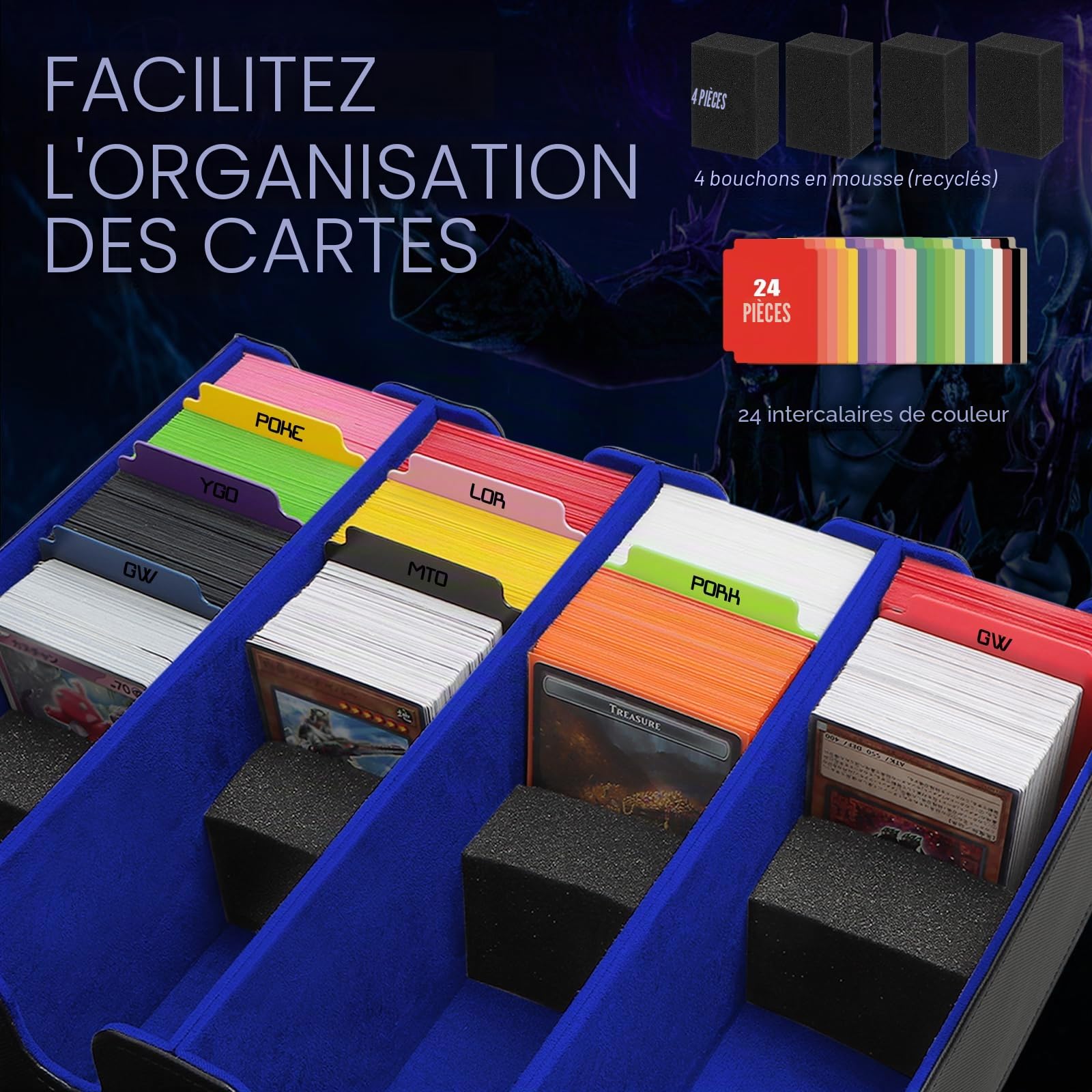 Boîte à Cartes pour Plus de 2800+ Cartes, Boîtes de Rangement pour Cartes à Collectionner Avec 24 Séparateurs, Boîtes Magnétiques de Qualité Supérieure, pour Cartes TCG Magic(Noir Bleu)