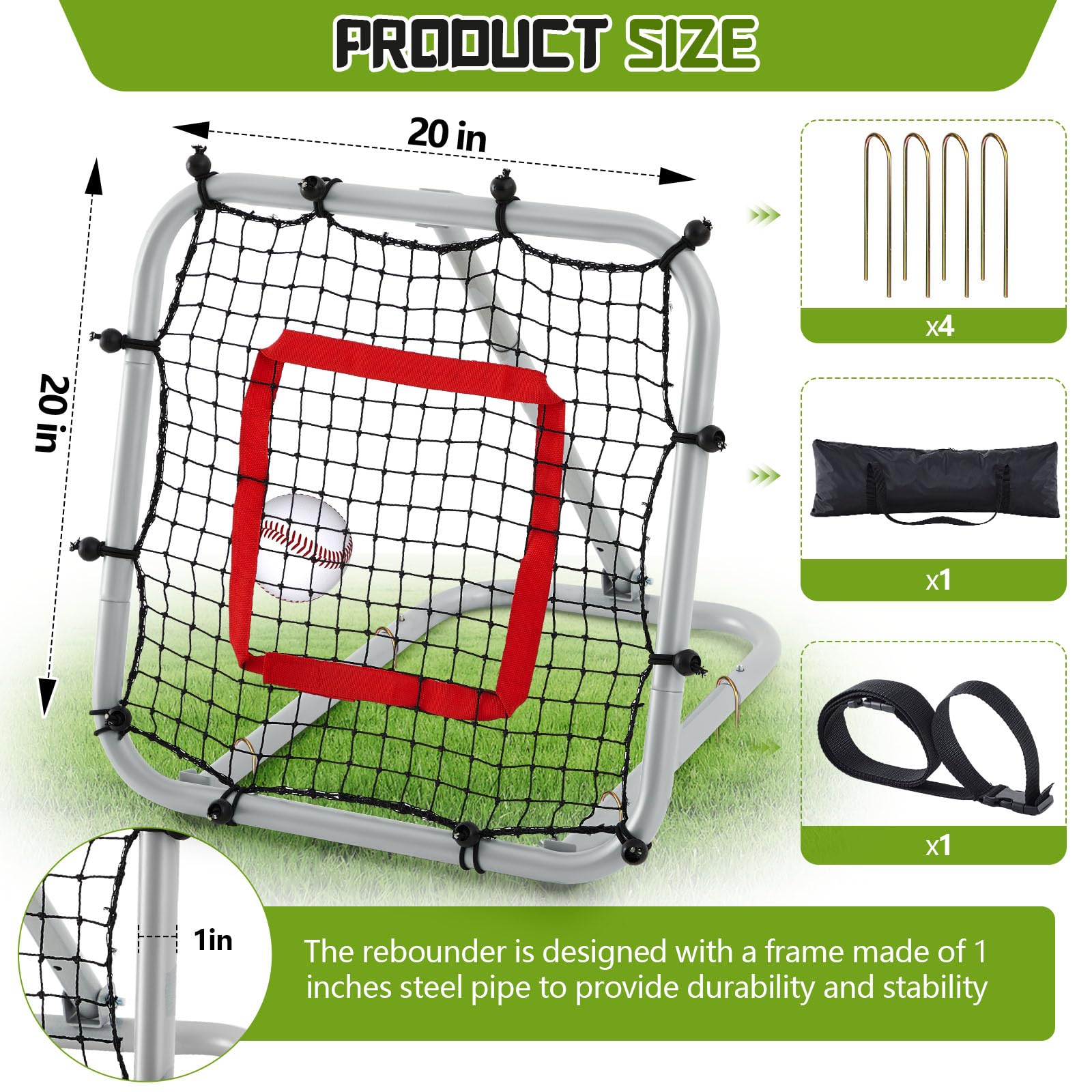 Pro Portable Baseball and Softball Rebounder Adjustable Heavy Duty Pitch-Back Net with Storage Bag Carrying Strap Fielding Trainer Net 3 Angles Ground Balls Line Drives Pop Flies(1.67' X 1.67')
