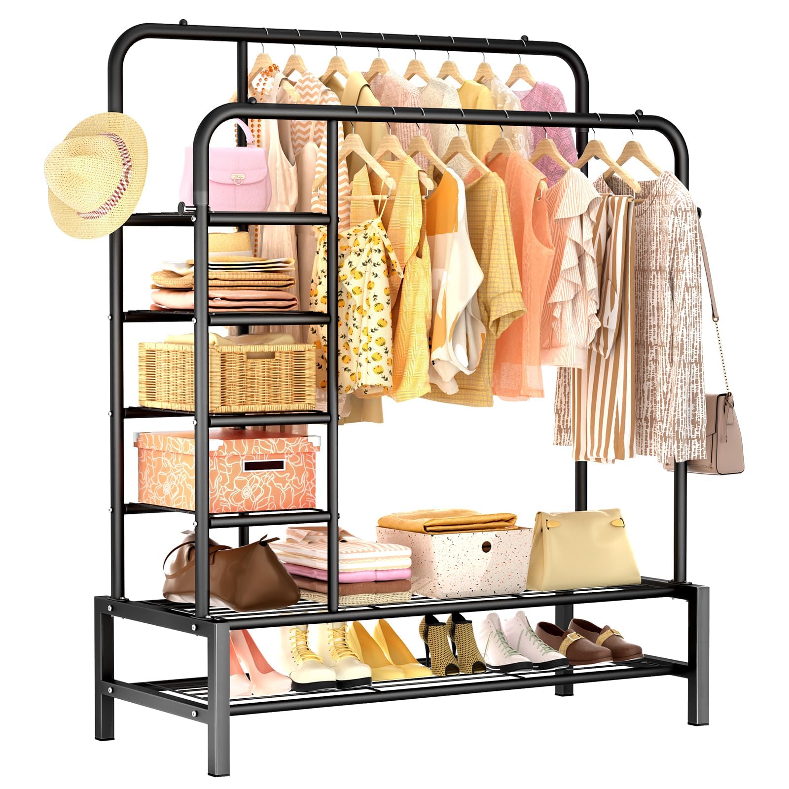 Metal Clothes Rail Double Pole Clothes Rack Multifunctional Garment Rack with Storage Shelves Suitable for Home Bedroom for Coats, Bags, Shoes, Boots(Black)