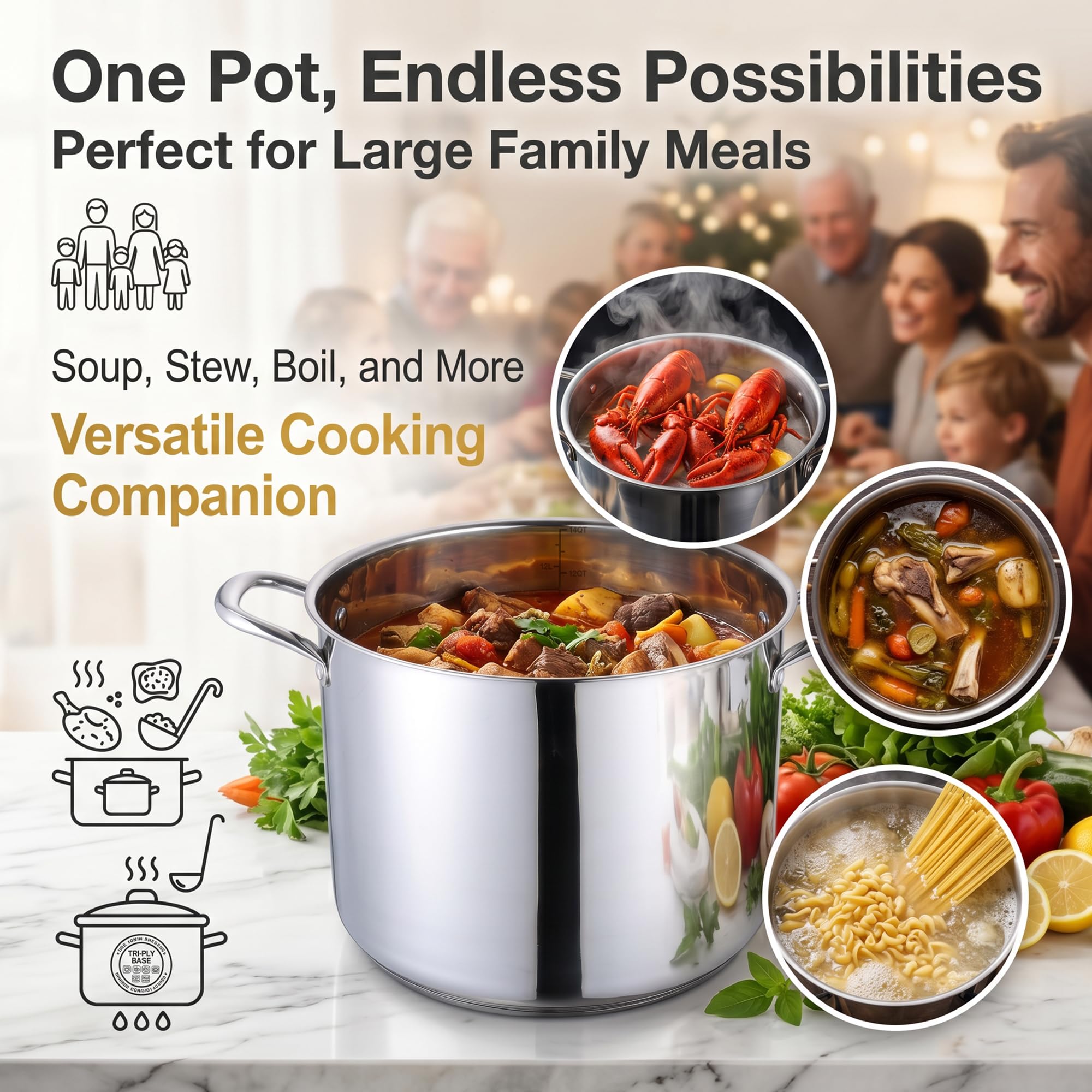Homikit Pentola grande da 14 litri, in acciaio inox, con coperchio, per inscatolamento e stufatura a vapore, fondo pesante a tre strati, cottura a induzione e pasta, lavabile in lavastoviglie