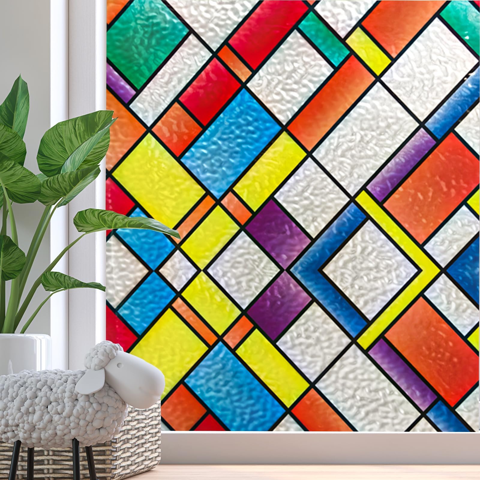 Zindoo Stained Glass Window Film Privacy for Glass Windows, No-Glue Frosted Window Film, Decorative Opaque Window Privacy Film UV Blocking Static Cling for Home Kitchen Office, 44.5x200 cm