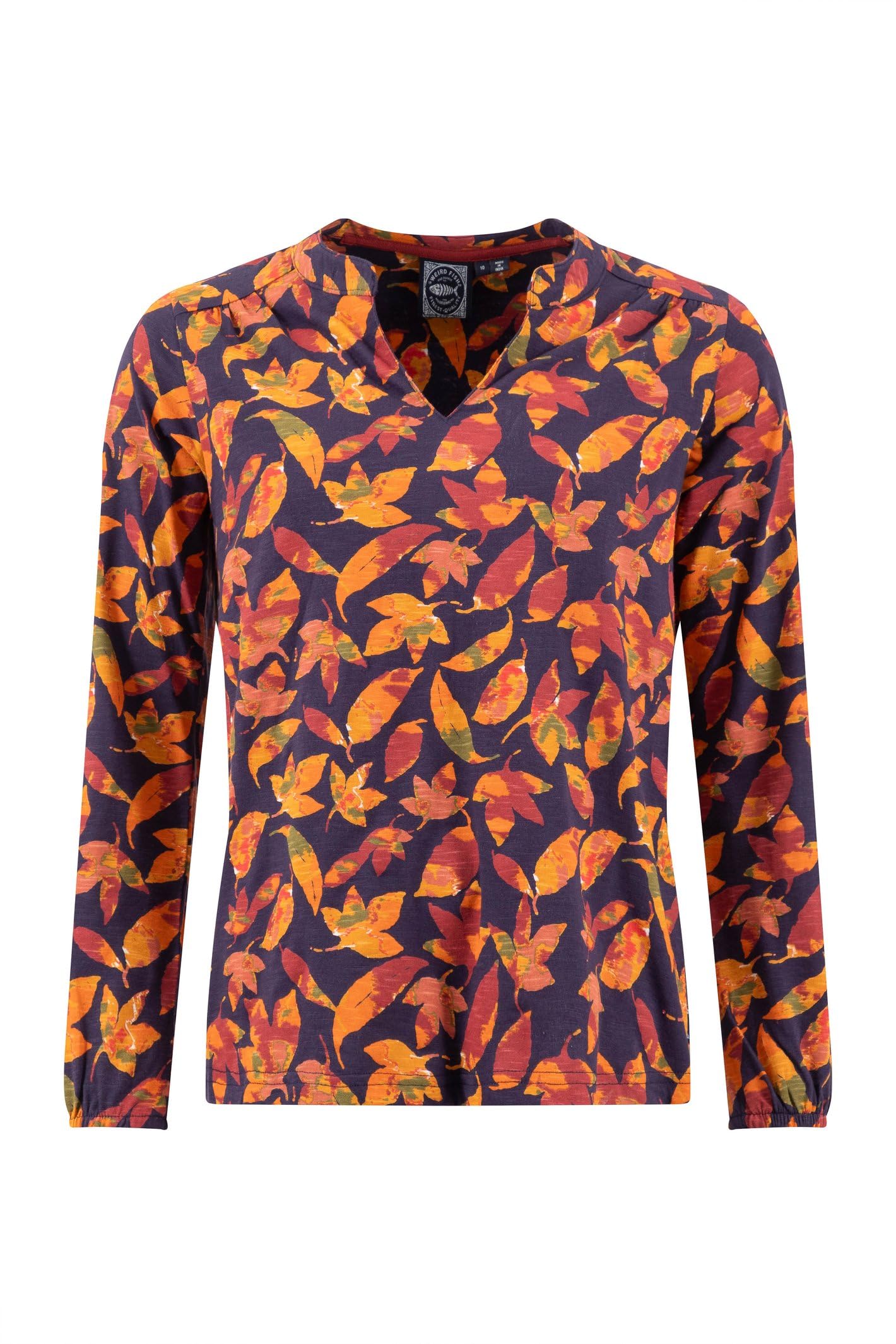 Weird Fish Women's Blue Brooke Cotton Printed V Neck Jersey Top In | Size: 16