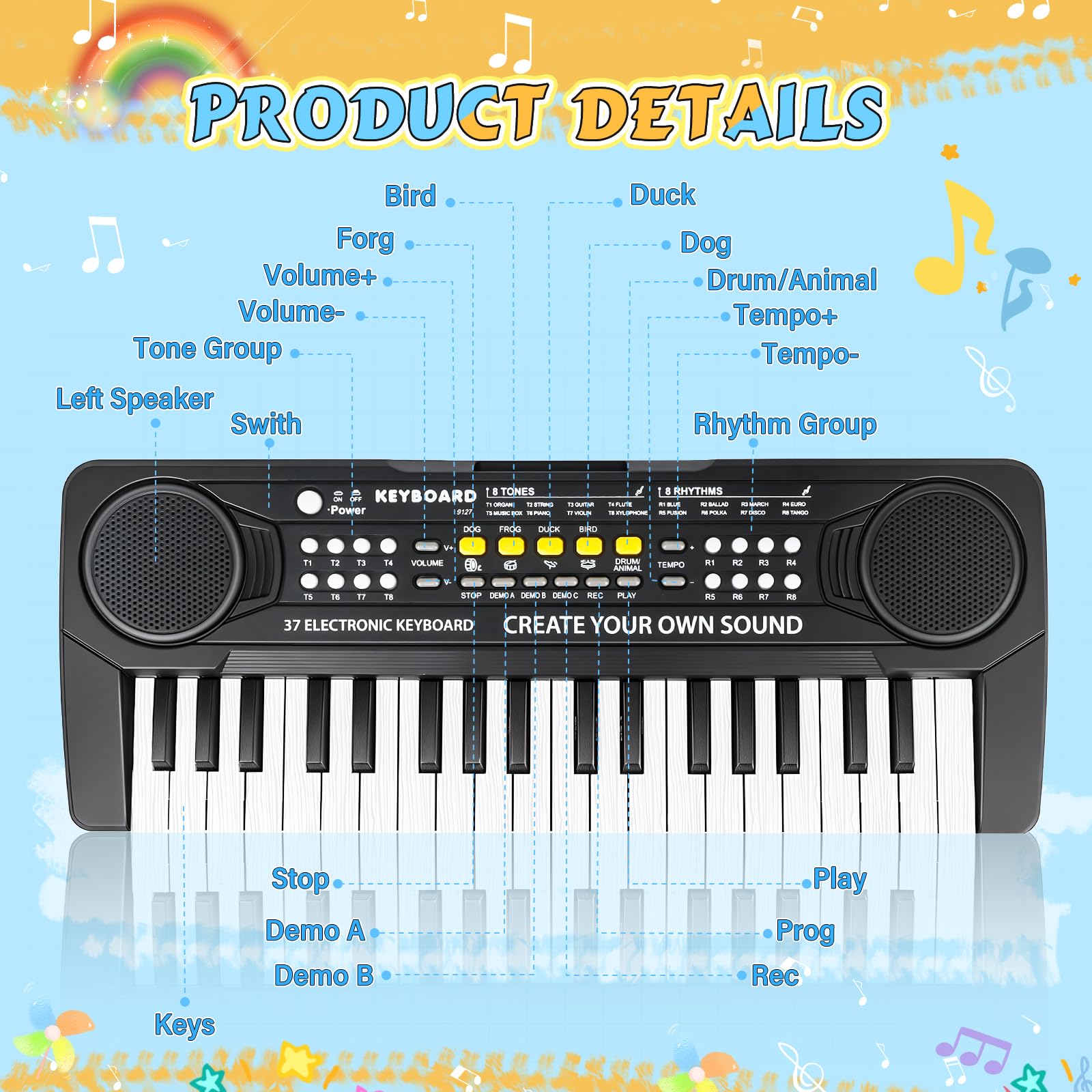 Piano Infantil Teclado Musical 37 Teclas con Micrófono,Multifunción Portátiles Piano Electrico Infantil Juguete, Organo Electronico Niños Educativa Regalo Piano para Niños 3 4 5 6 7 Años