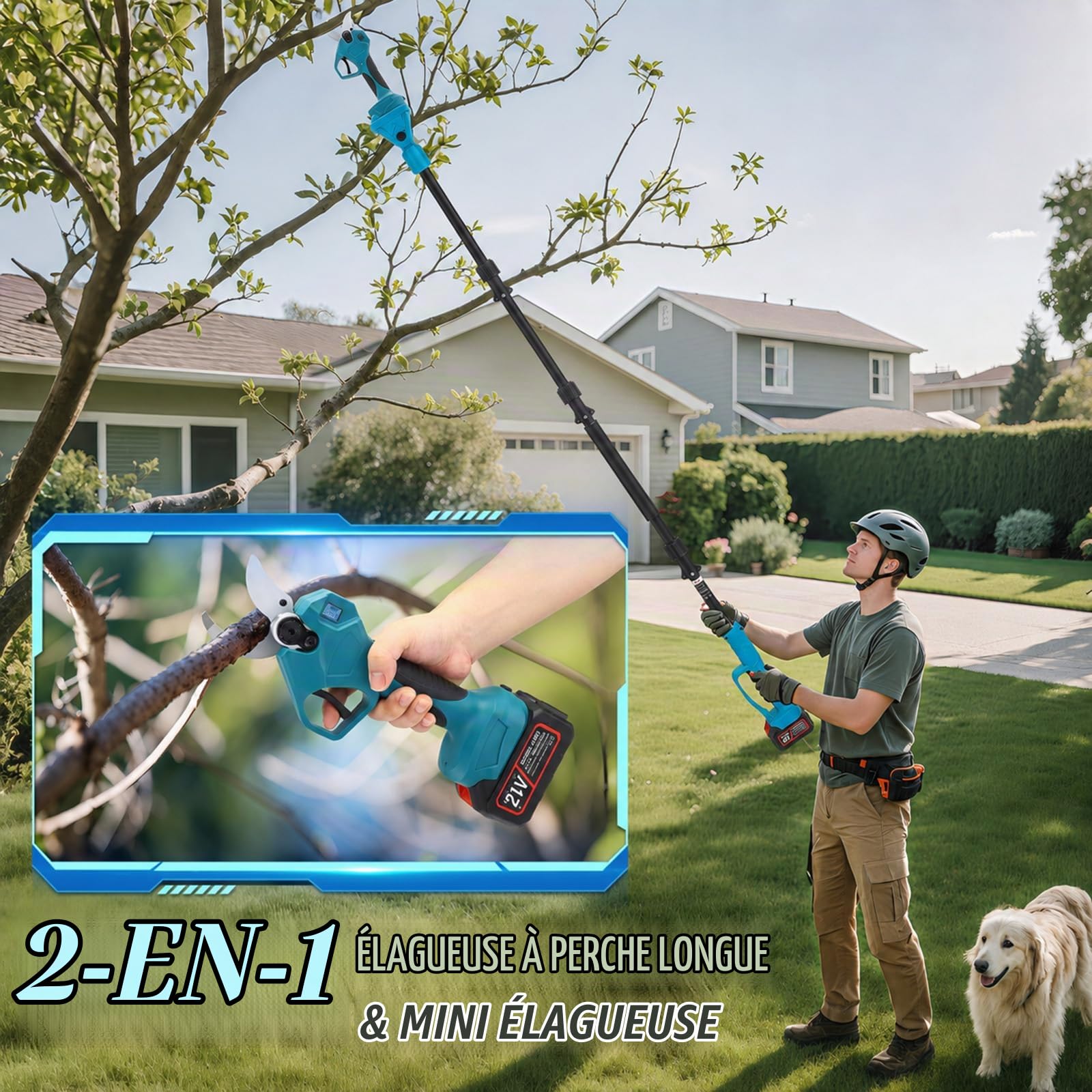 Élagueuse sur perche sans fil 2-en-1 | Perche télescopique de 2,3 m | Écran LCD | 2 batteries 21 V 3,0 Ah | Diamètre de coupe de 40 mm | Compatible Makita | Élagueuse sans fil (2 IN 1)
