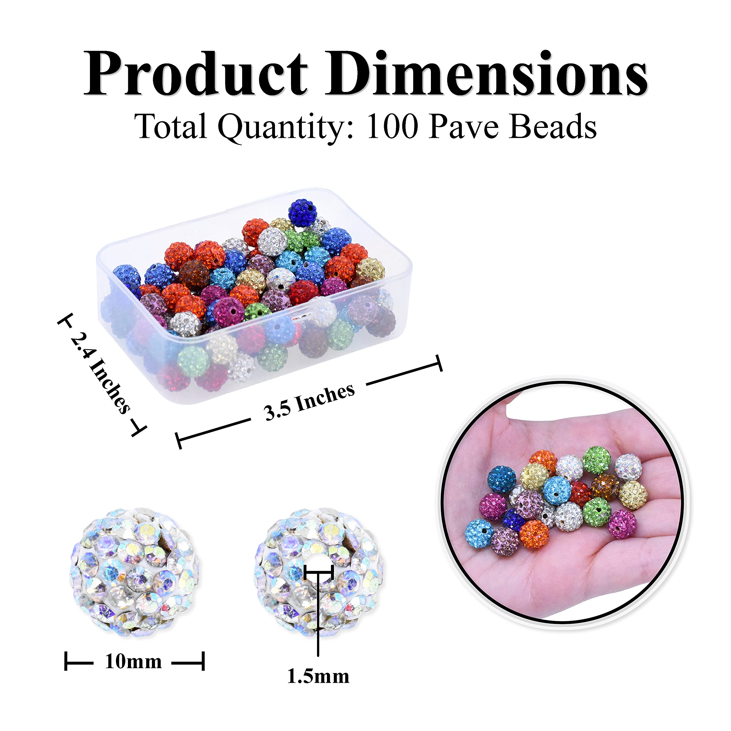 100-Pack 10mm Sparkly Rhinestone Pave Beads – Disco Ball Glitter Beads For Jewelry Making, DIY Crafts & Decor
