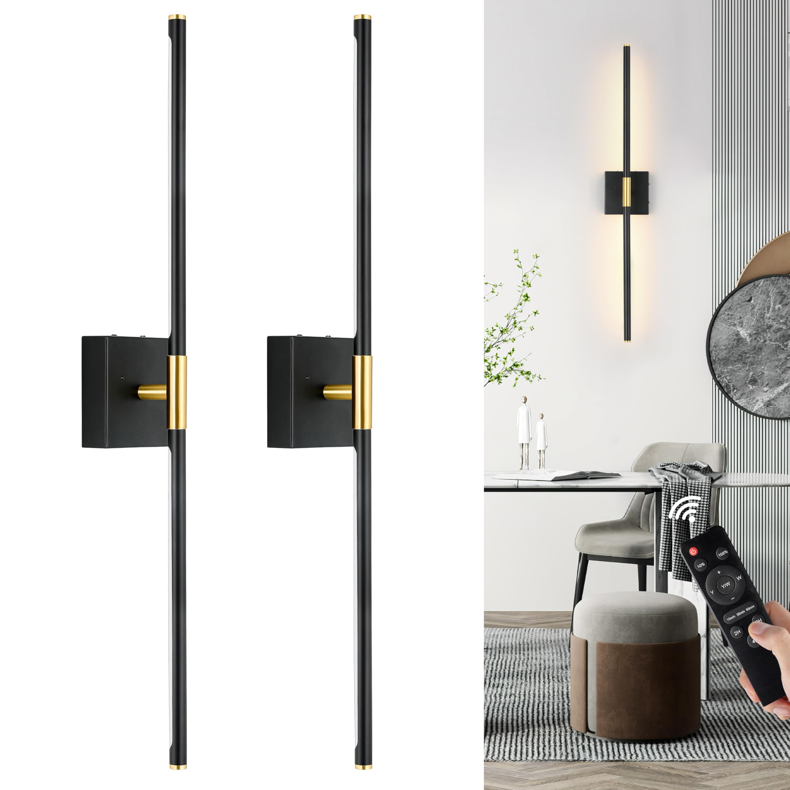 Morauroral Battery Operated Wall Sconces Set of 2, Dimmable Battery Wall Sconce with Remote Control, Black Gold LED Rechargeable Sconces, 24 Inch Modern Wireless Wall Lights for Bedroom, Living Room