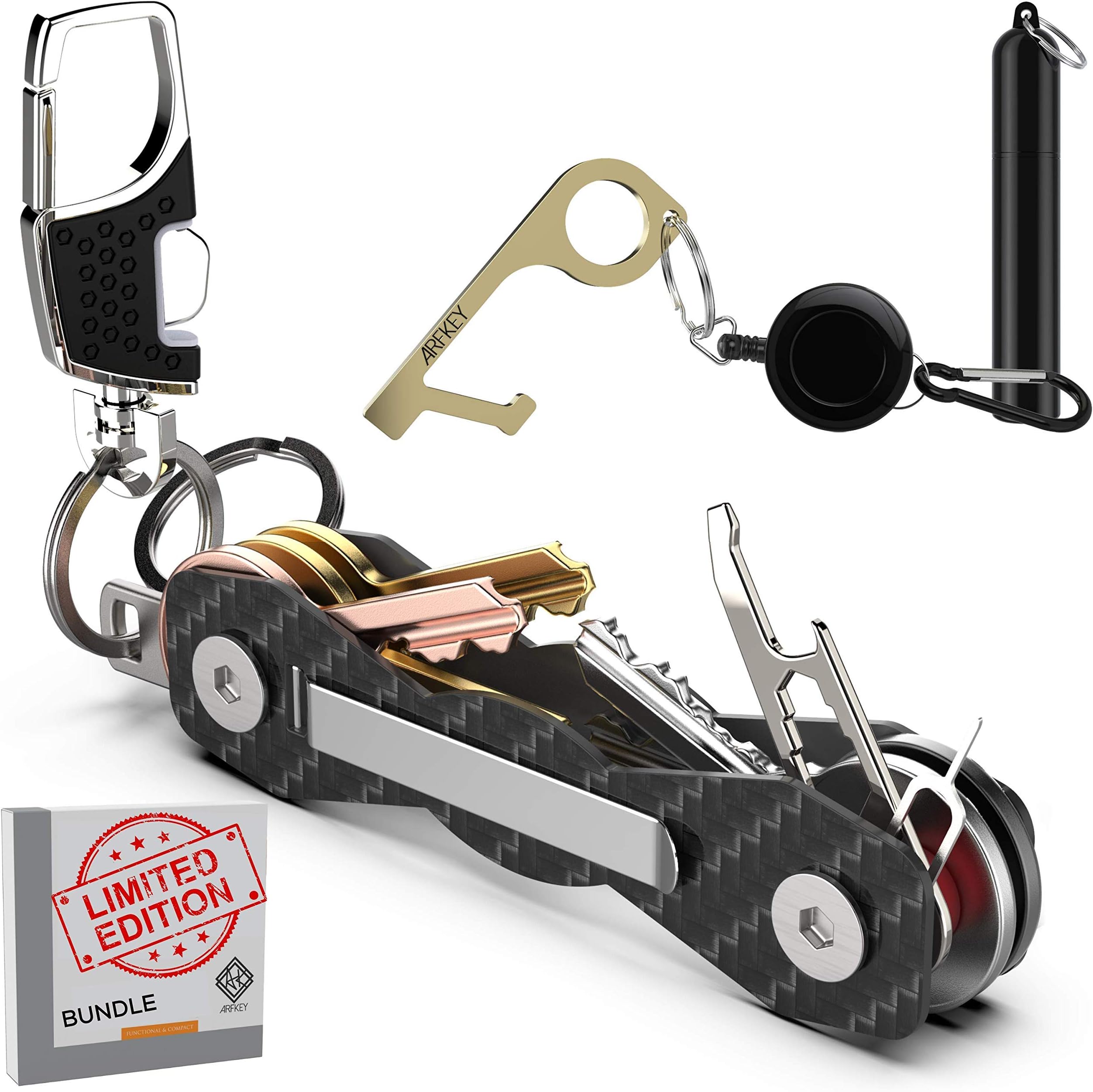 Carbon Fiber Compact Key Holder with Spinner Function - Premium Key Organizer Keychain UP to 20 Keys - B0NUS Retractable Keychain Holder with Loop Piece for Belt & Expansion Pack- GREAT GlFT